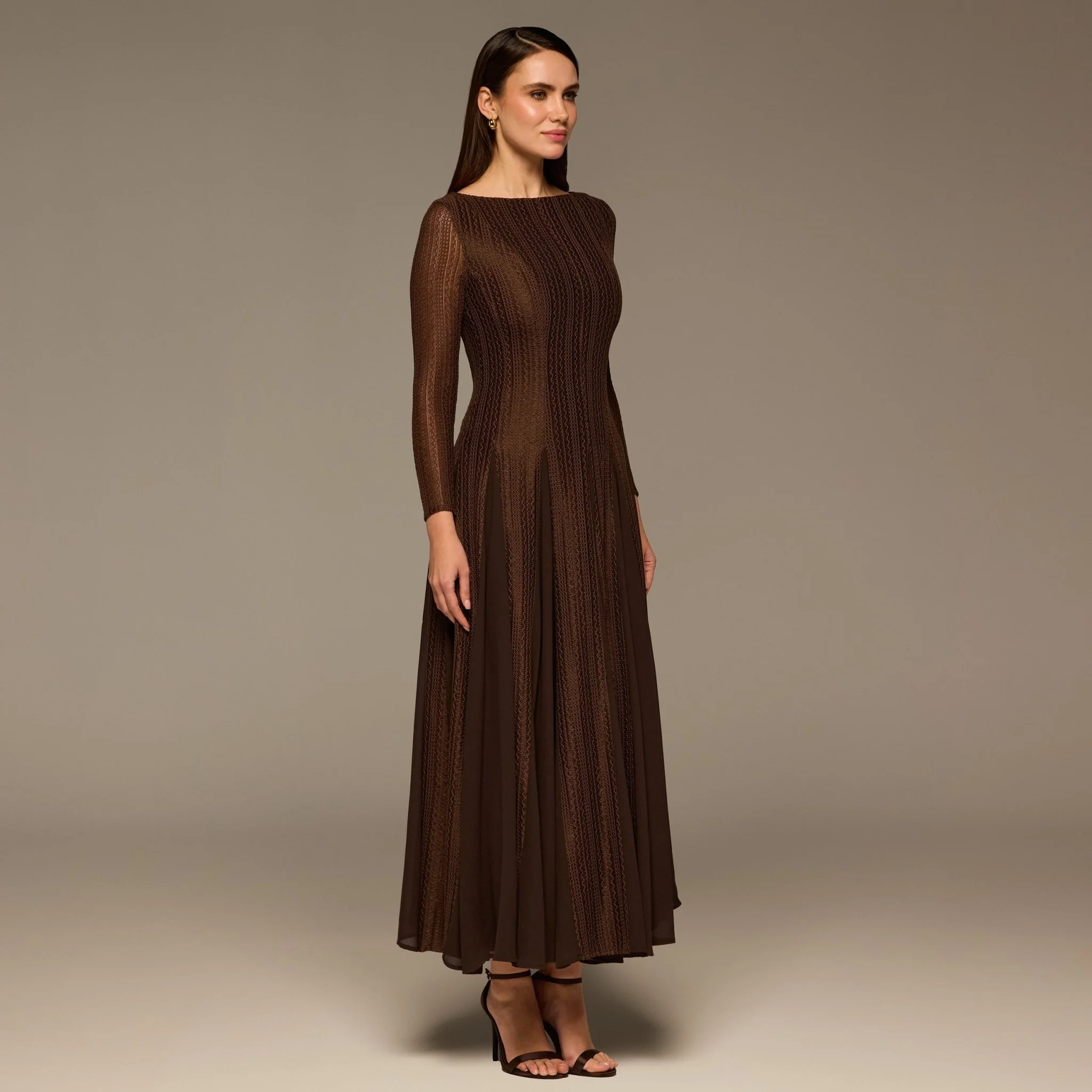 Brown Long Sleeves Godet Maxi Dress - Image 2