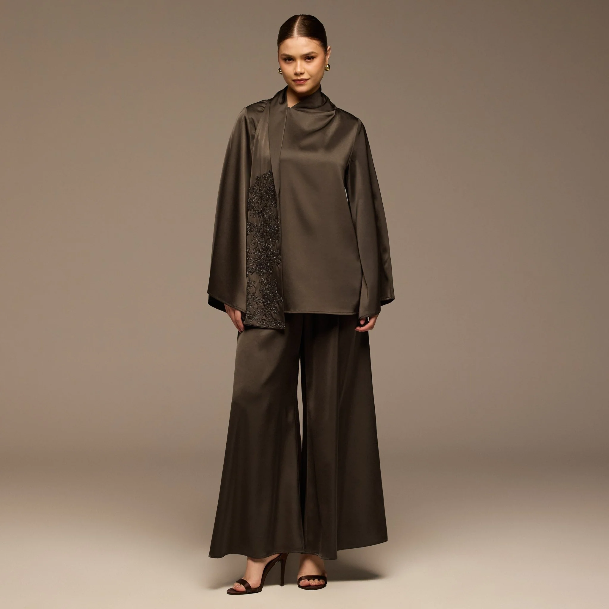 Brown Loose Fit Long Sleeve Satin Blouse - Image 2