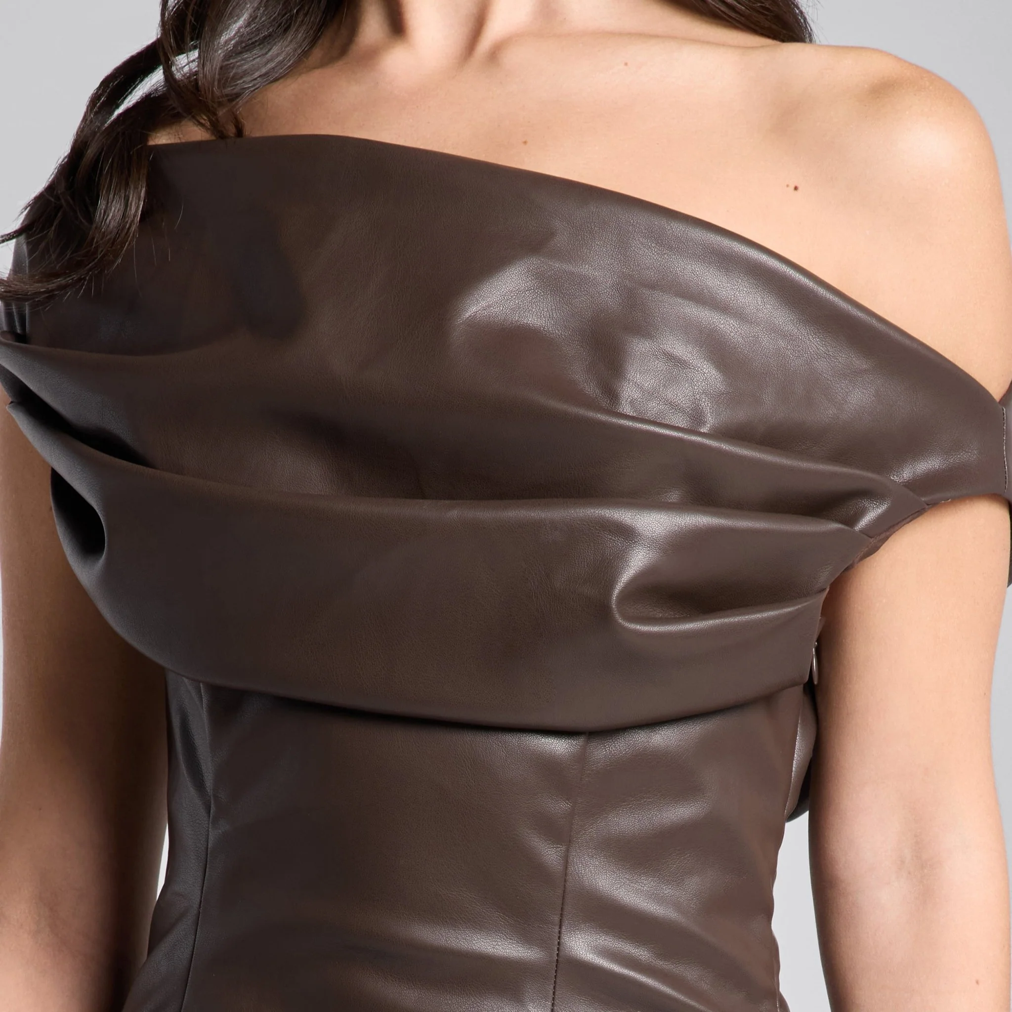 Brown Off Shoulder Draped Leather Midi Dress - Image 3