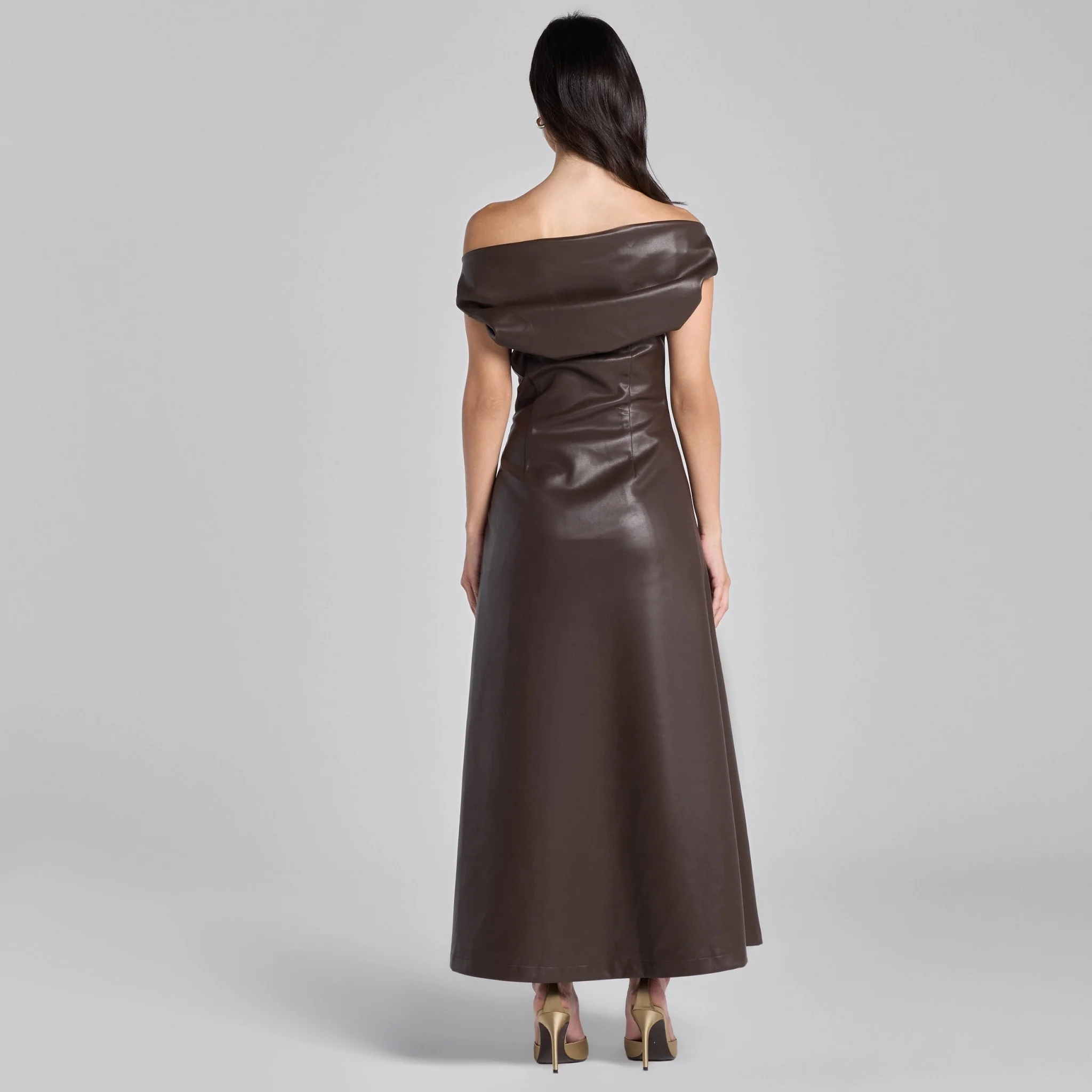 Brown Off Shoulder Draped Leather Midi Dress - Image 4
