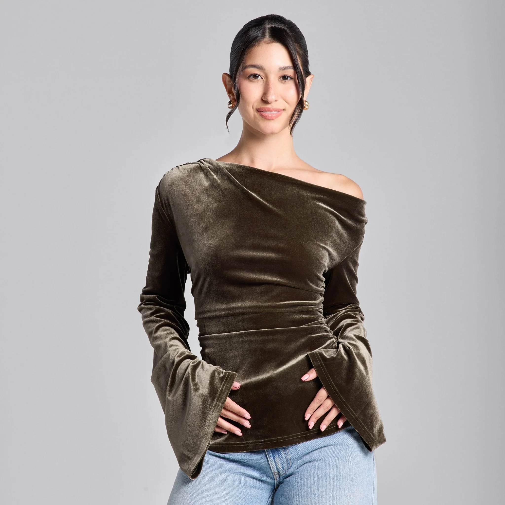 Brown Off Shoulder Ruched Velvet Top
