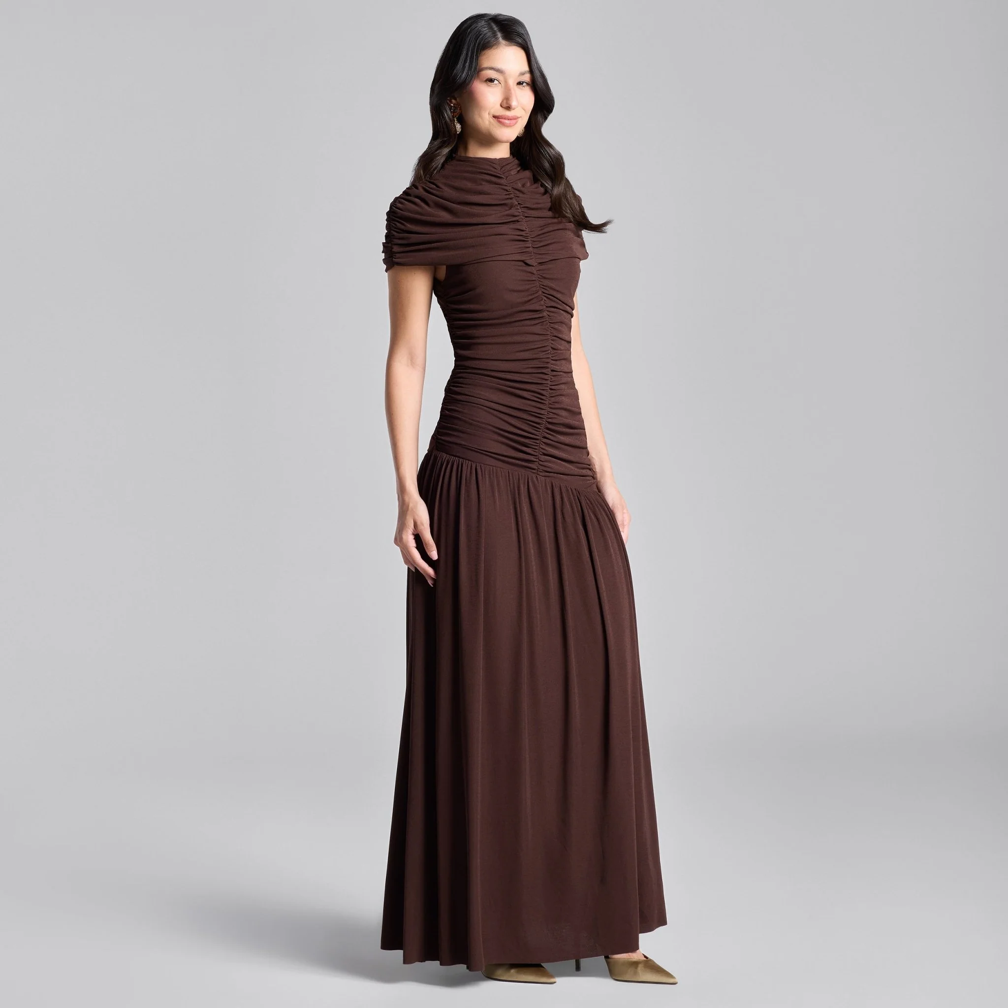 Brown Ruched Jersey Maxi Dress - Image 2