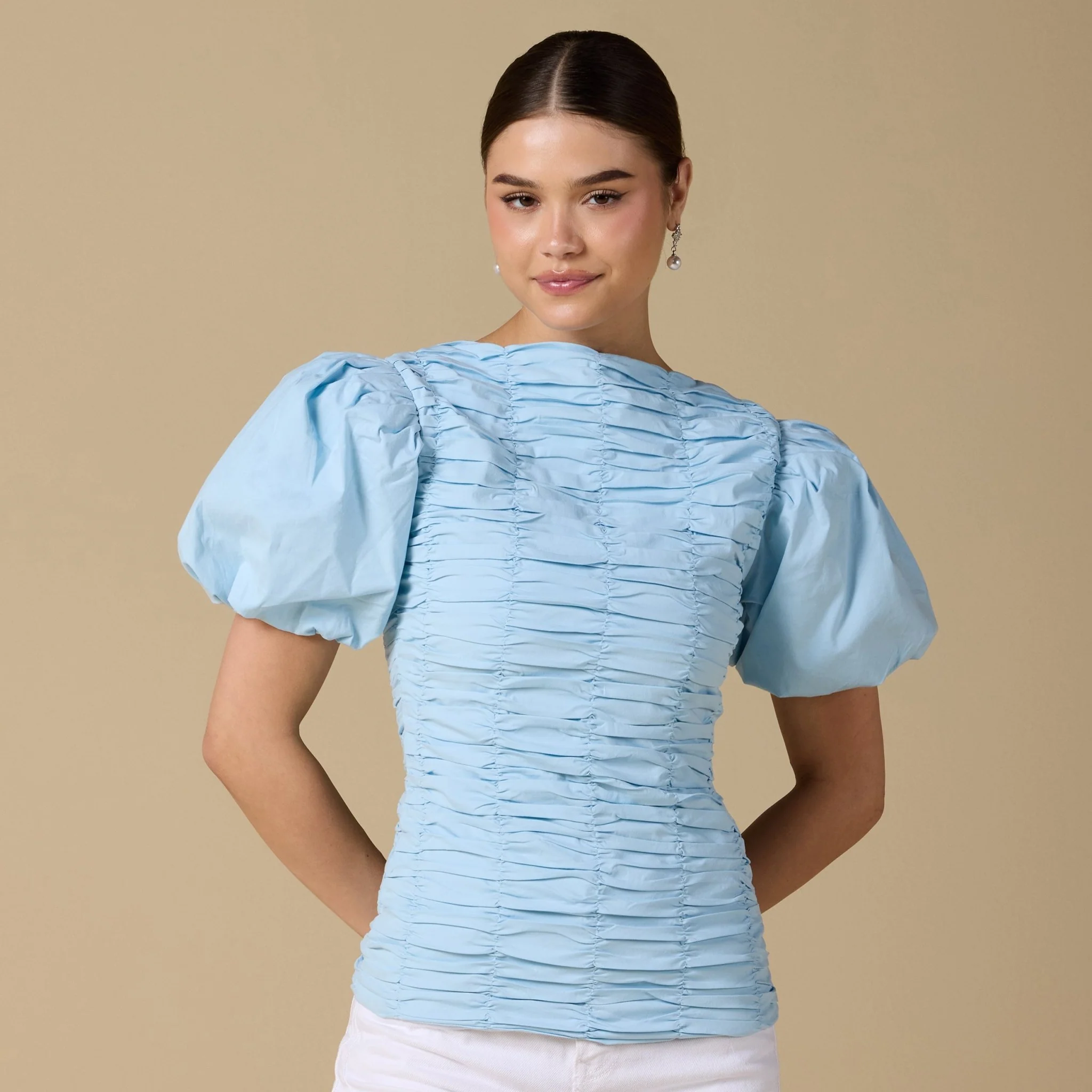 Buffed Short Sleeves Poplin Dress - Image 5