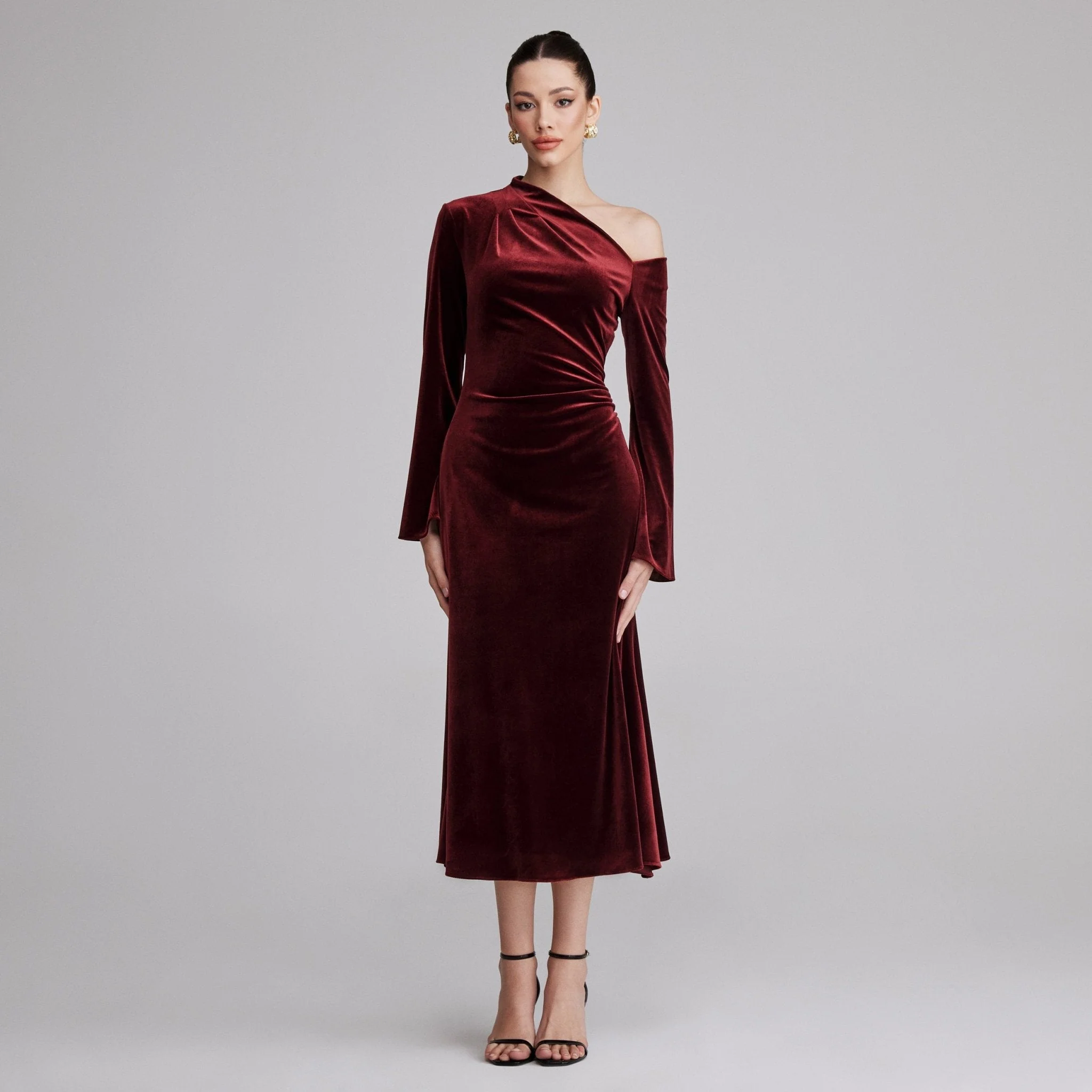 Burgundy Bare Shoulder Velvet Midi Dress