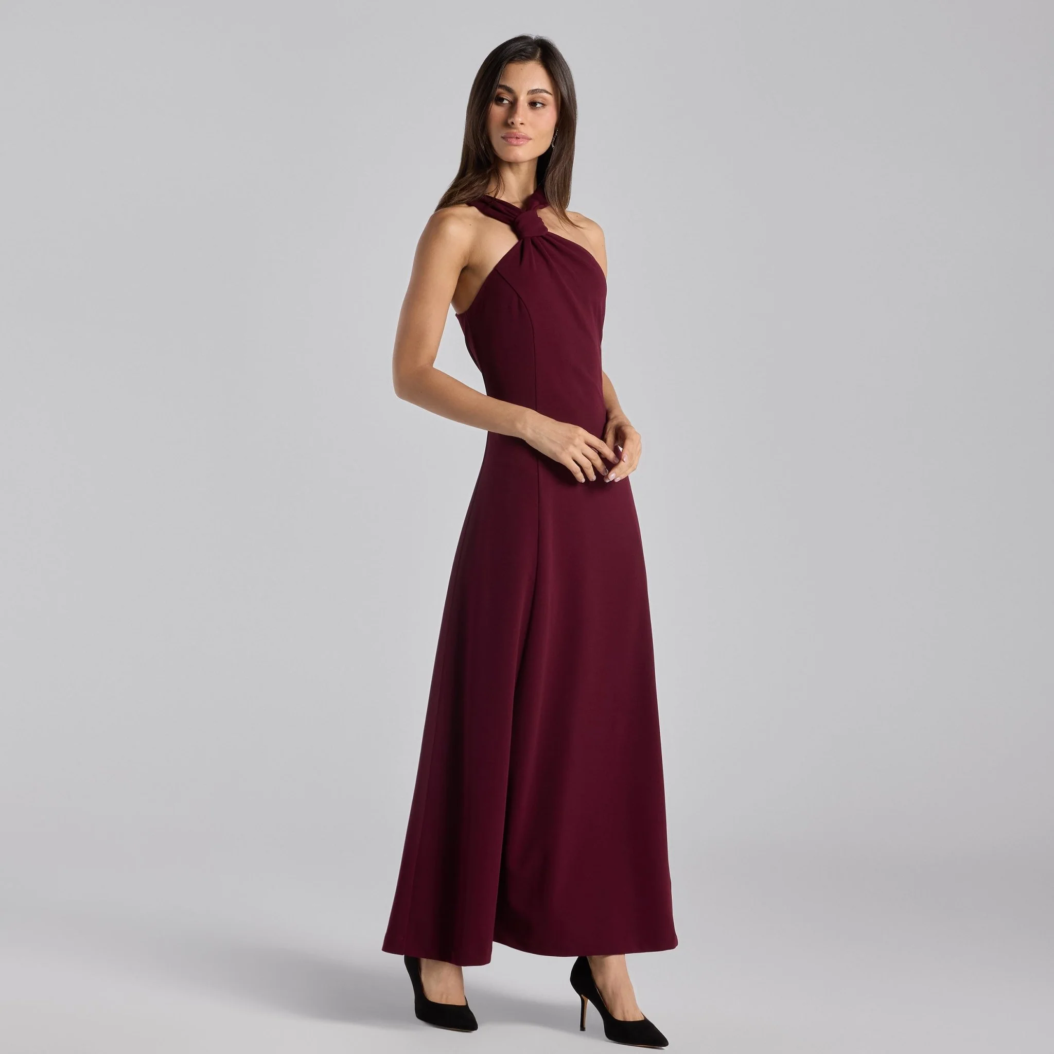 Burgundy Crepe Knot Halter Maxi Dress - Image 3