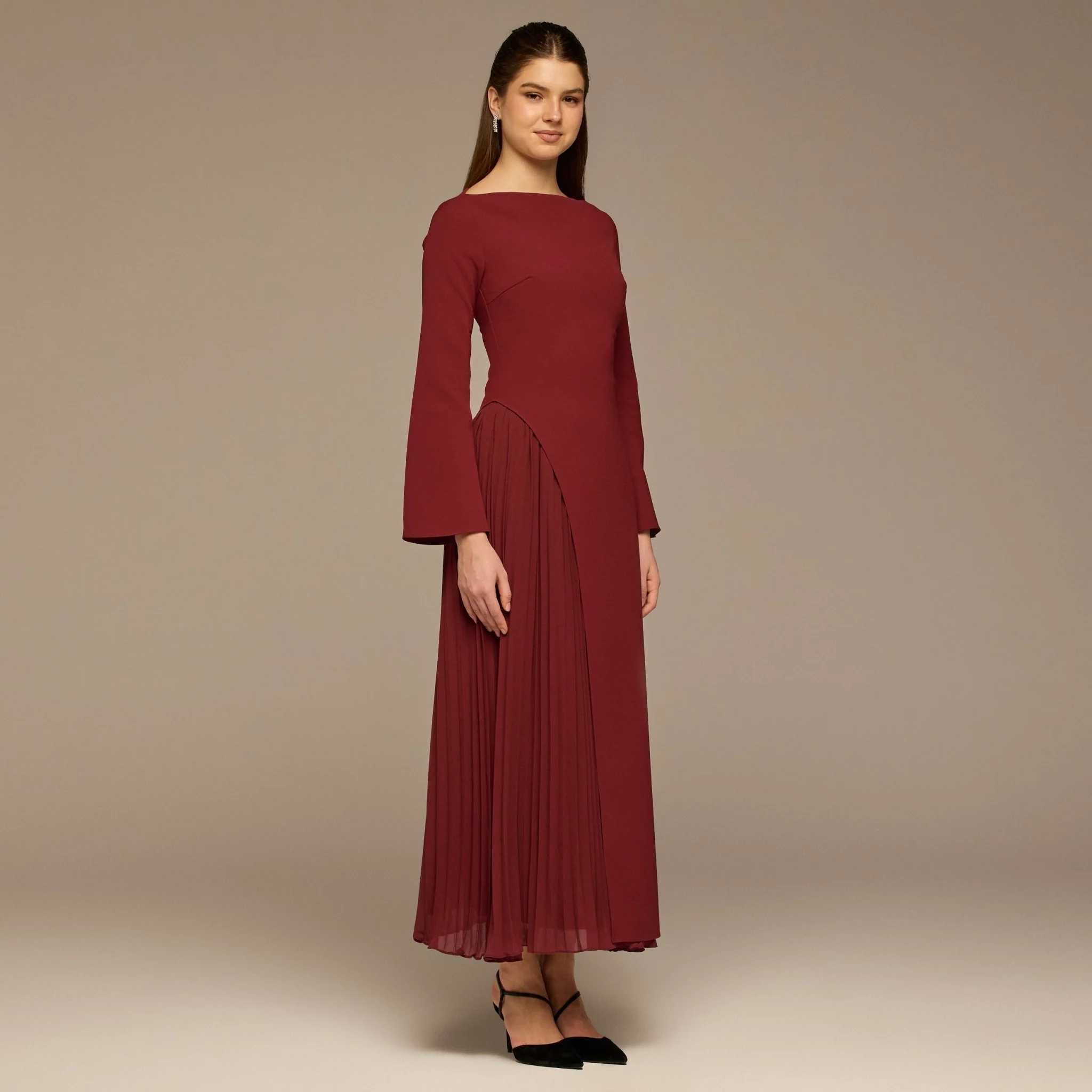 Burgundy Crepe Maxi Dress with Side Pleated Panel - Image 2