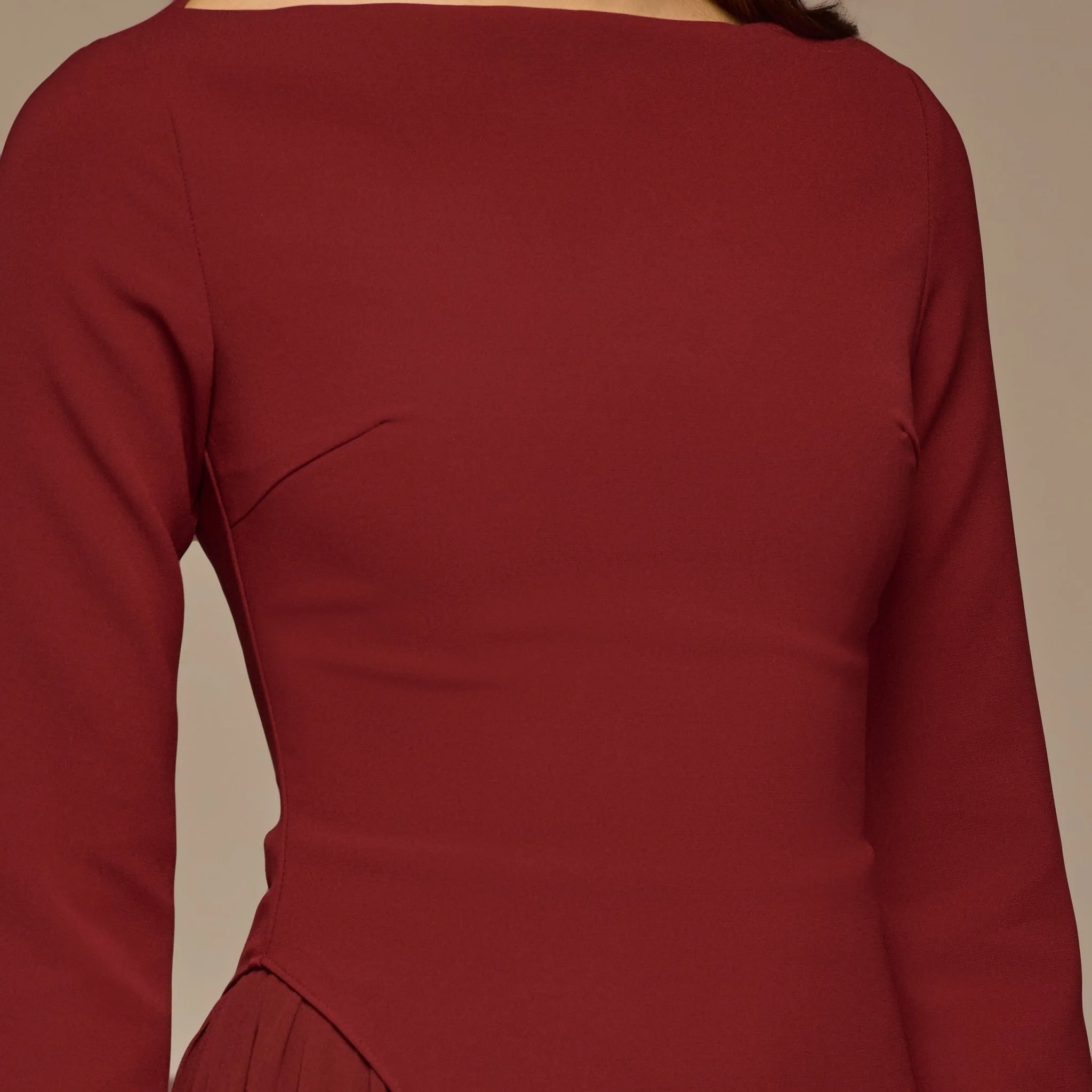 Burgundy Crepe Maxi Dress with Side Pleated Panel - Image 3