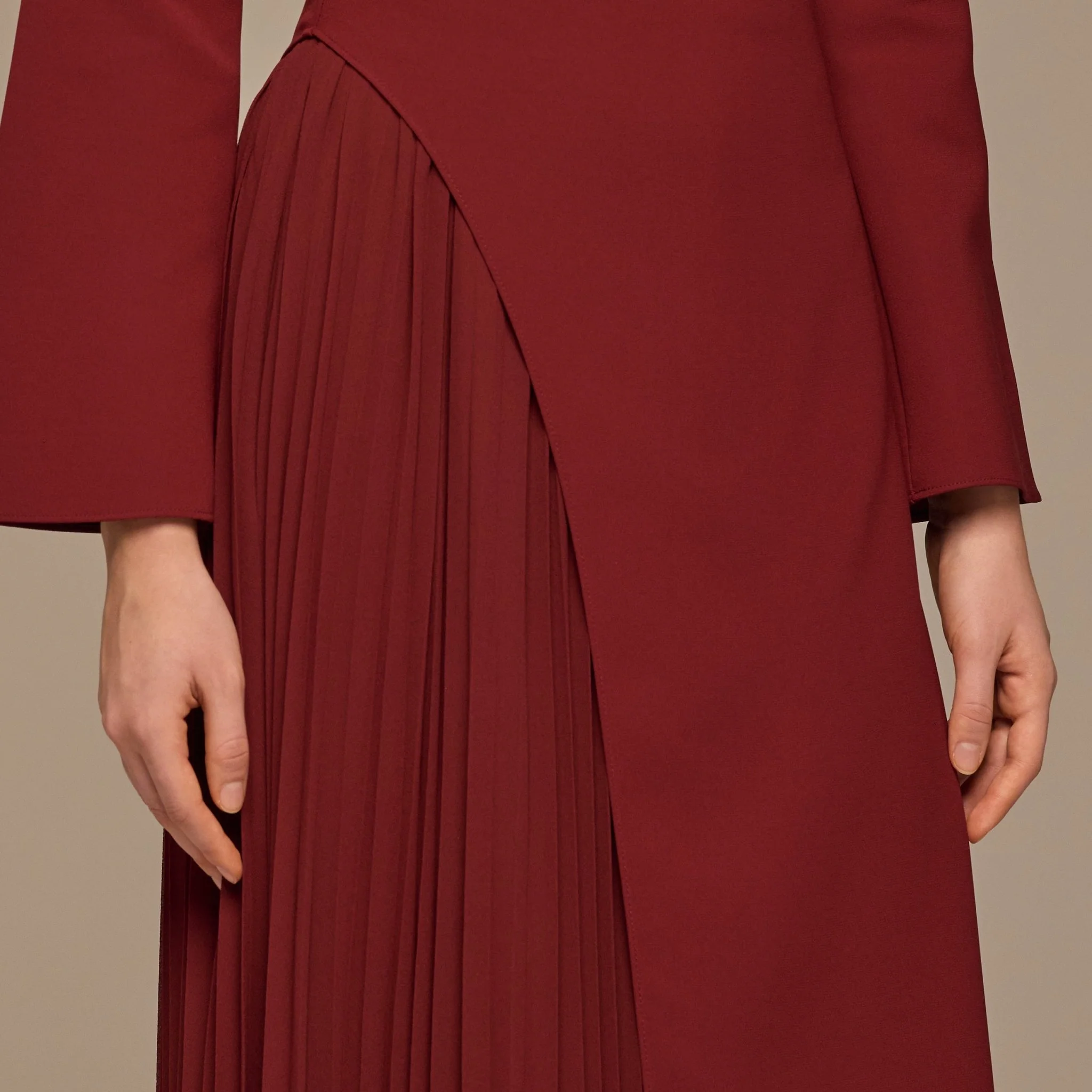 Burgundy Crepe Maxi Dress with Side Pleated Panel - Image 4