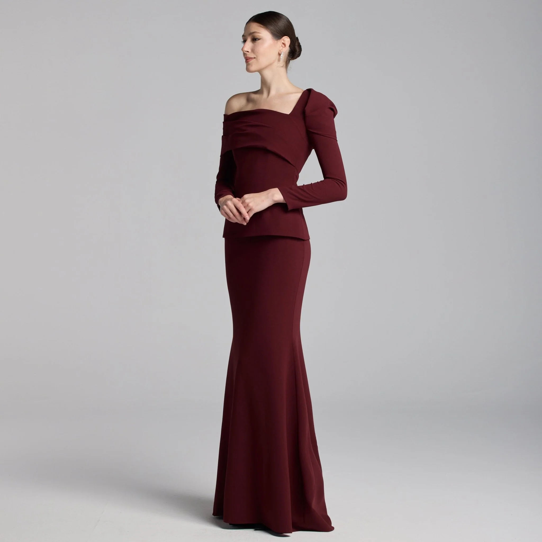 Burgundy Crepe Off Shoulder Draped Maxi Dress - Image 2