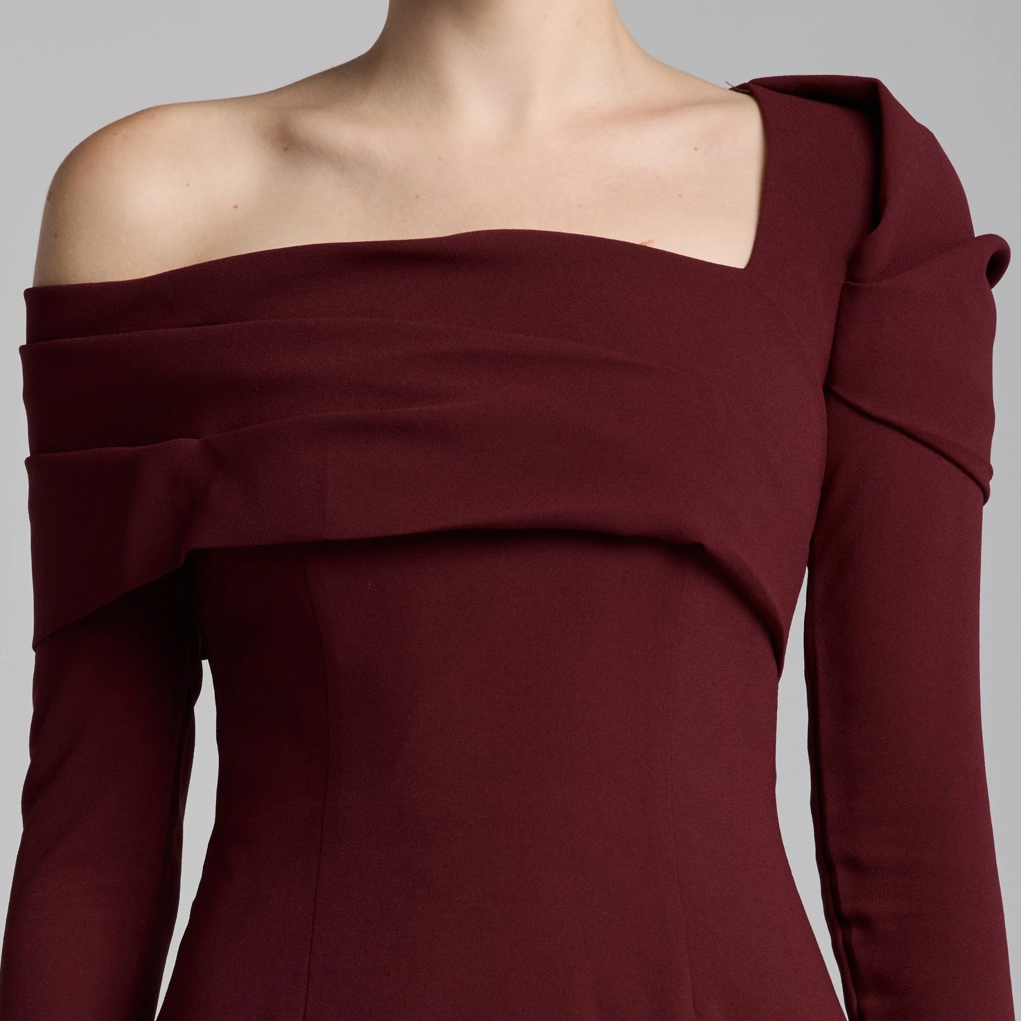 Burgundy Crepe Off Shoulder Draped Maxi Dress - Image 3