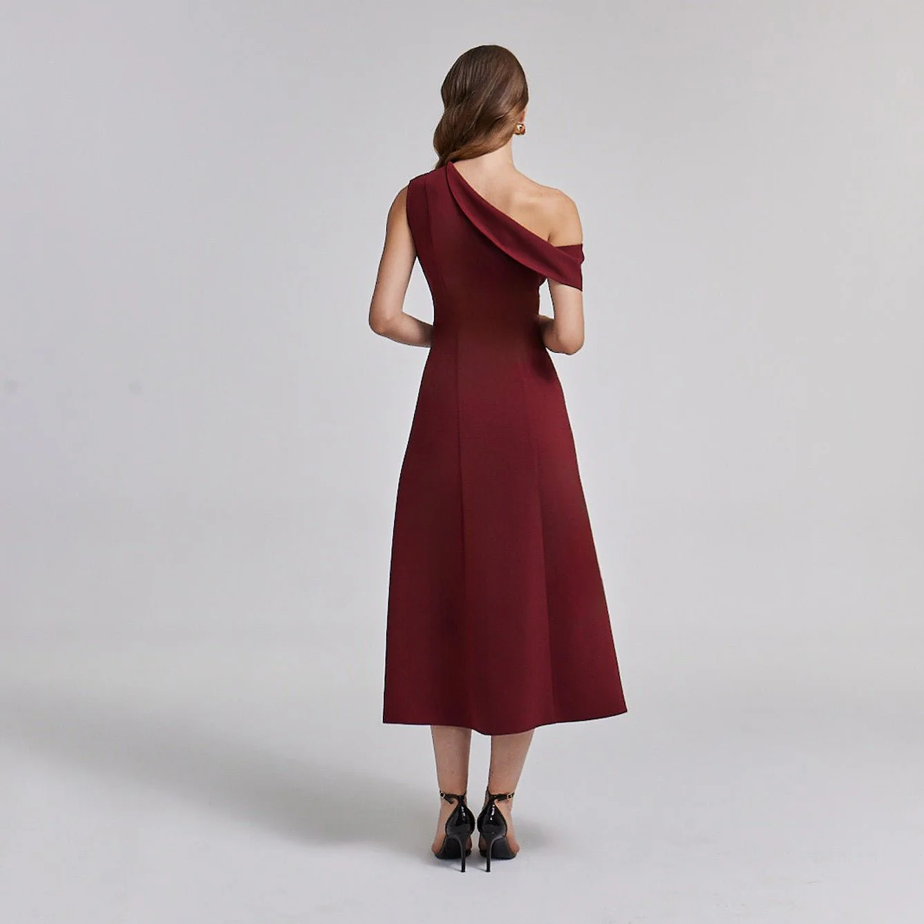 Burgundy Asymmetric Velvet Midi Dress - Image 3