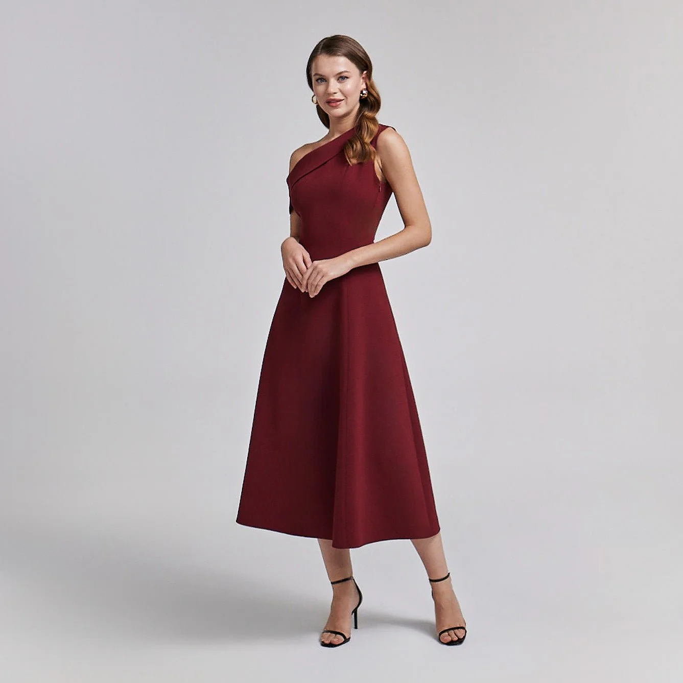 Burgundy Asymmetric Velvet Midi Dress - Image 4