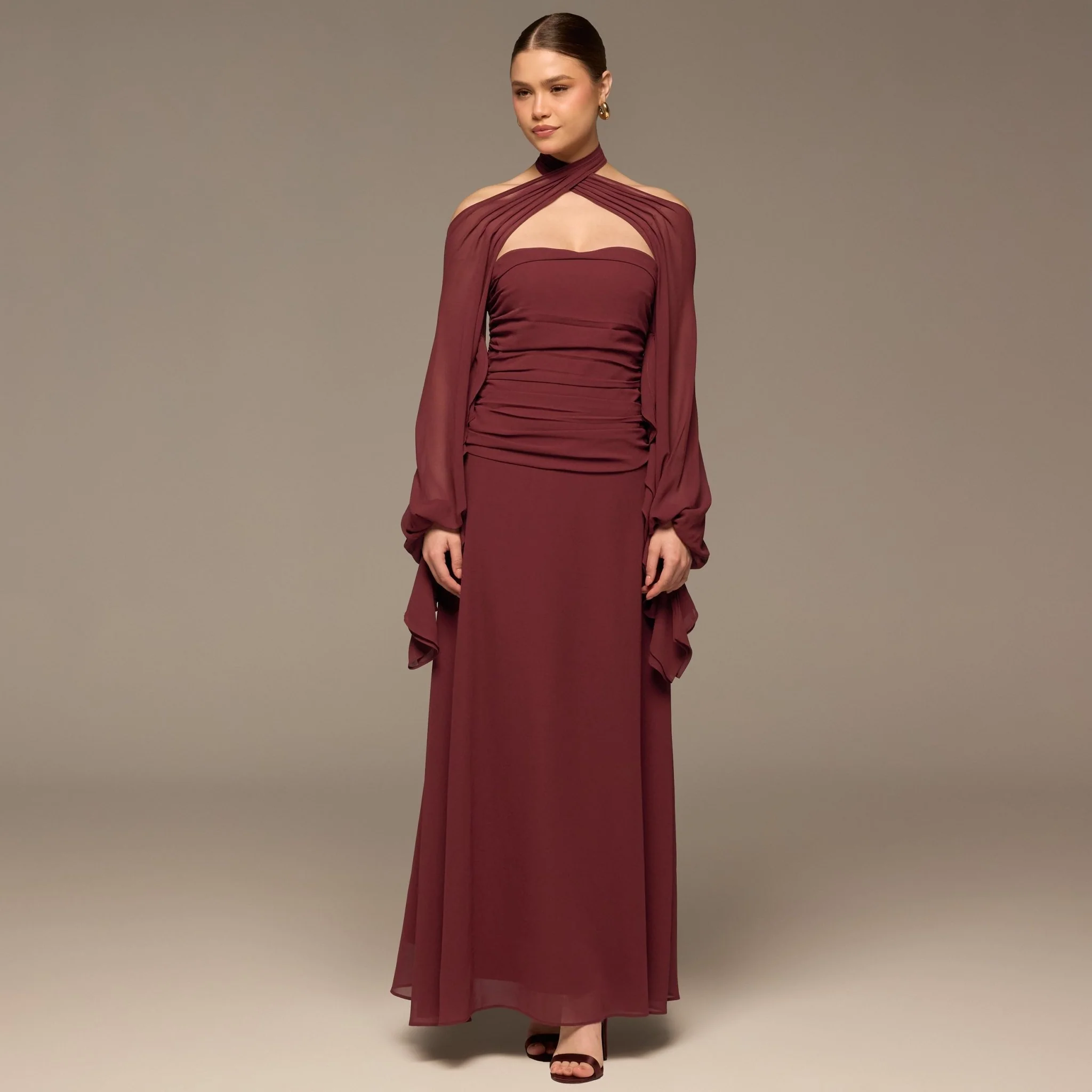 Burgundy Cross-Halter Chiffon Maxi Dress - Image 2