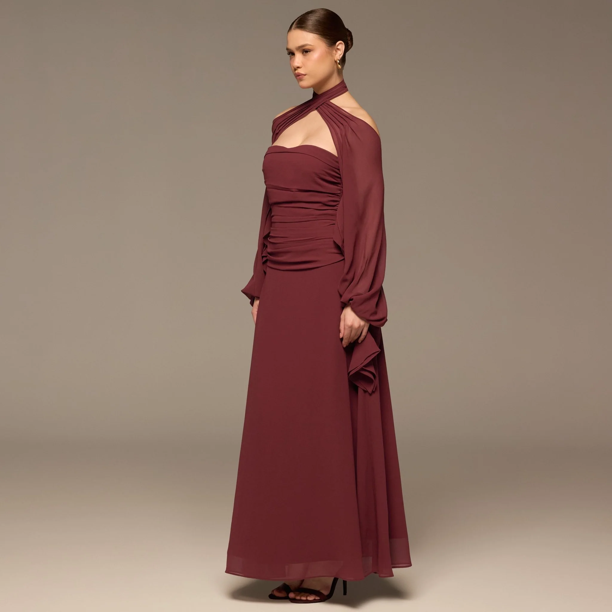 Burgundy Cross-Halter Chiffon Maxi Dress - Image 3