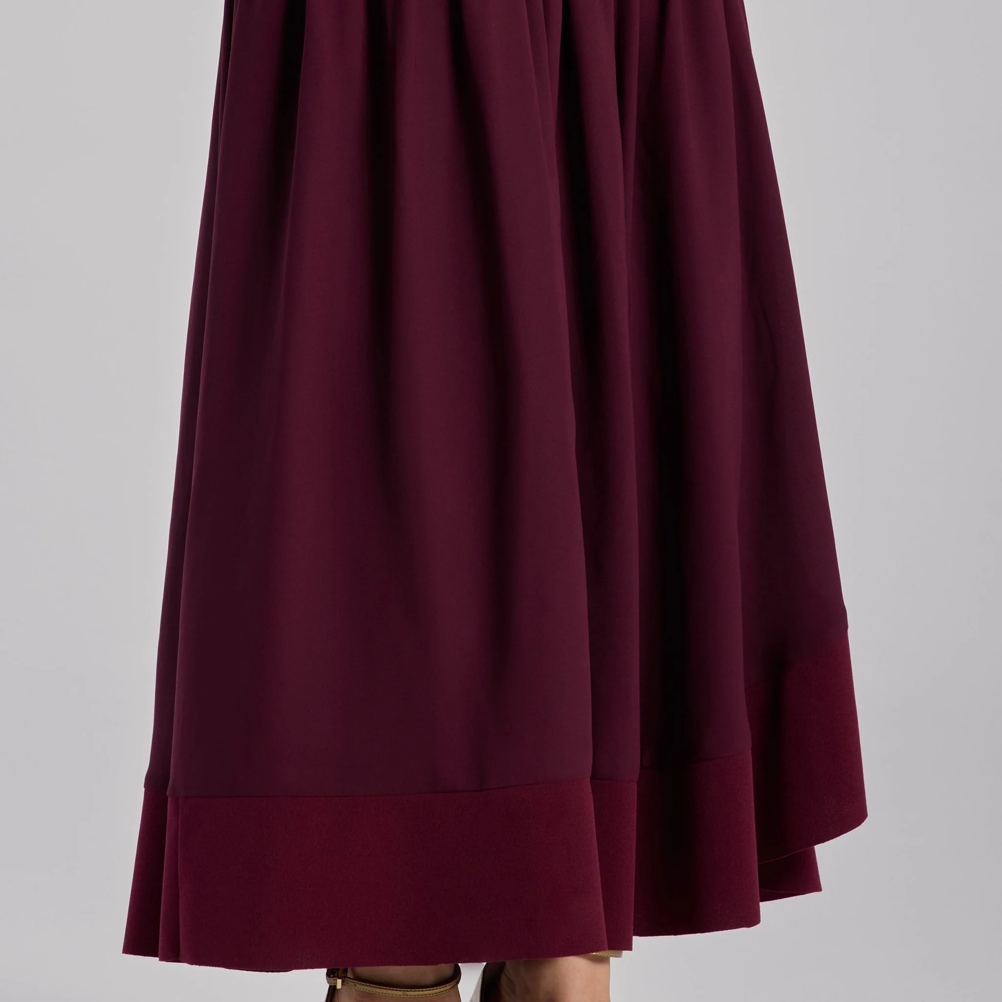 Burgundy Drop-Waist Midi Dress in Crepe and Chiffon - Image 3