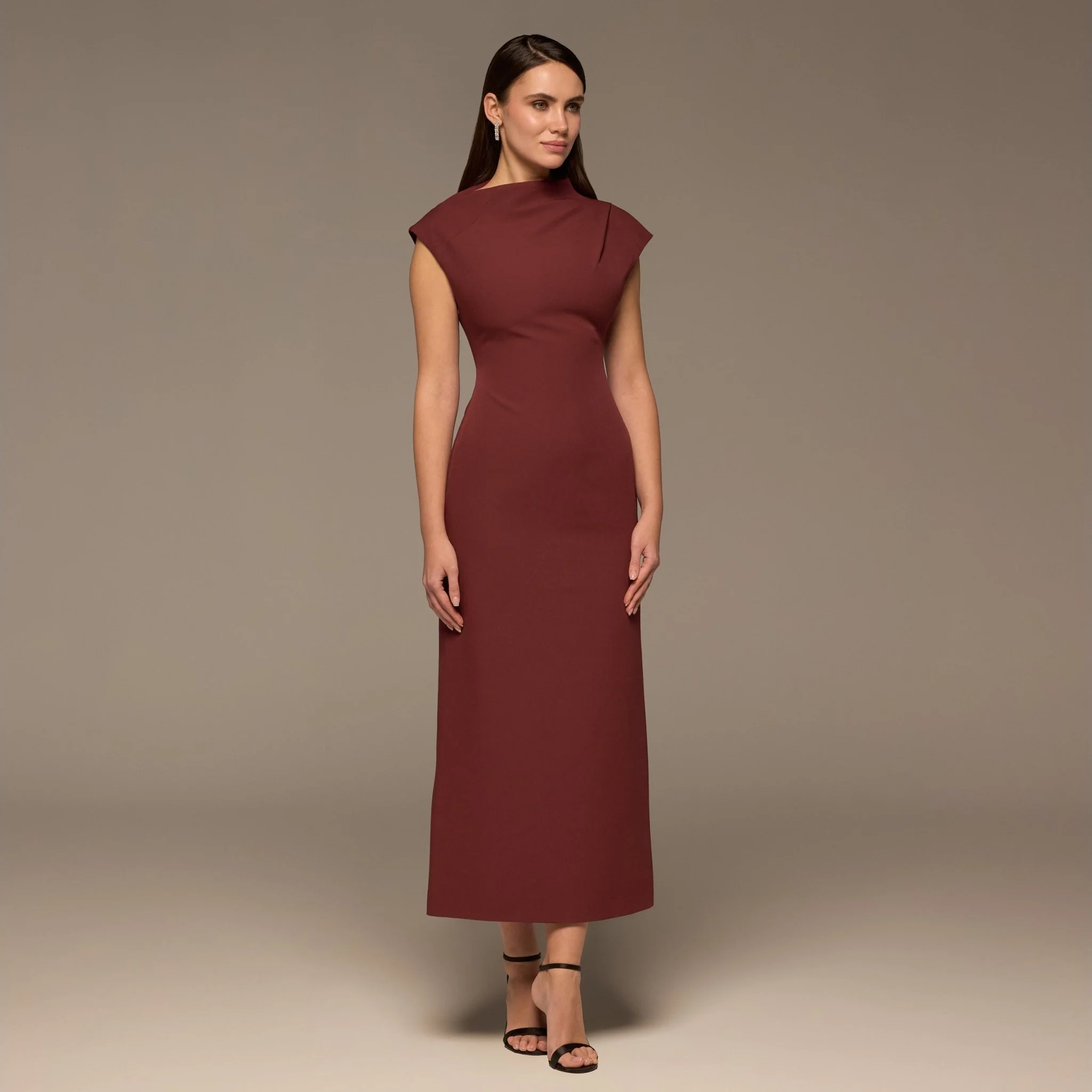 Burgundy Draped Shoulder Short Sleeve Midi Dress - Image 2
