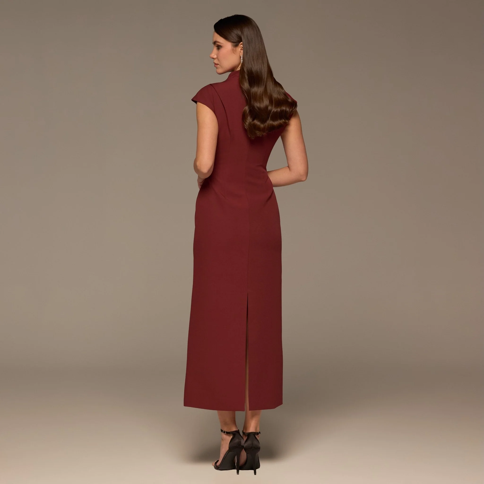 Burgundy Draped Shoulder Short Sleeve Midi Dress - Image 4