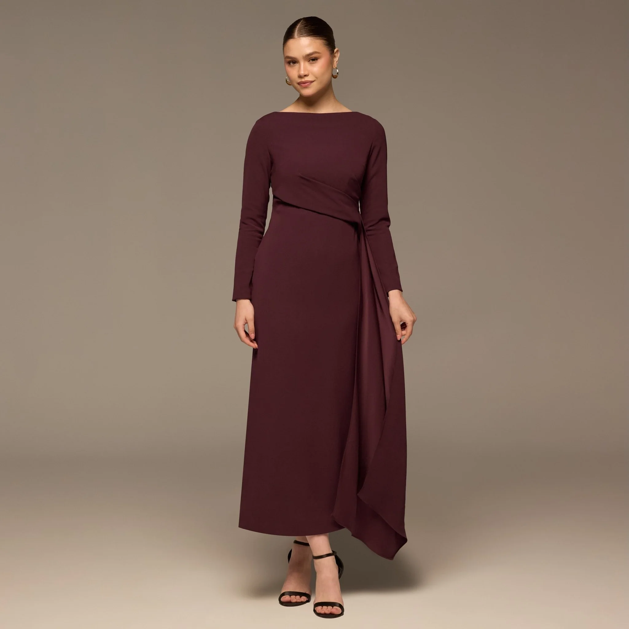 Plum Long Sleeve Draped Midi Dress