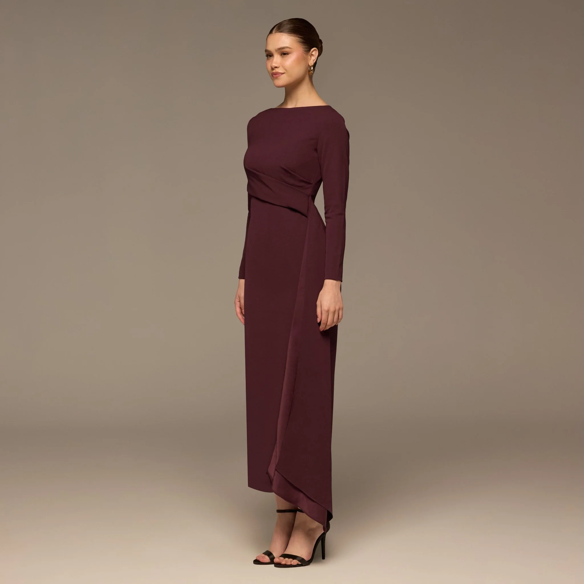 Plum Long Sleeve Draped Midi Dress - Image 2