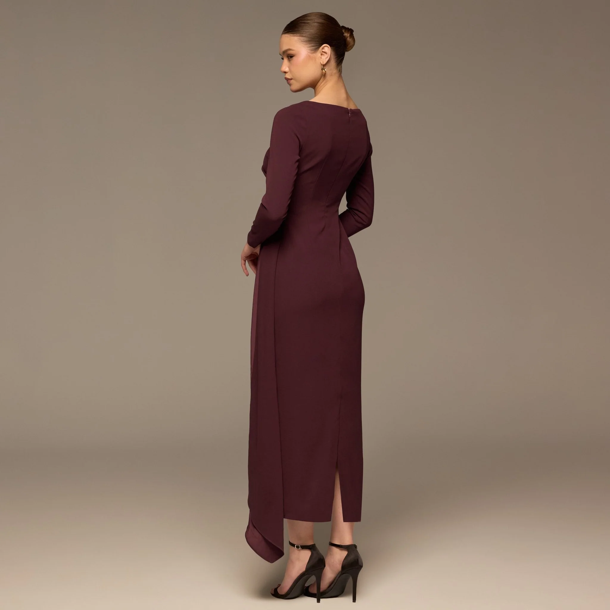Plum Long Sleeve Draped Midi Dress - Image 4