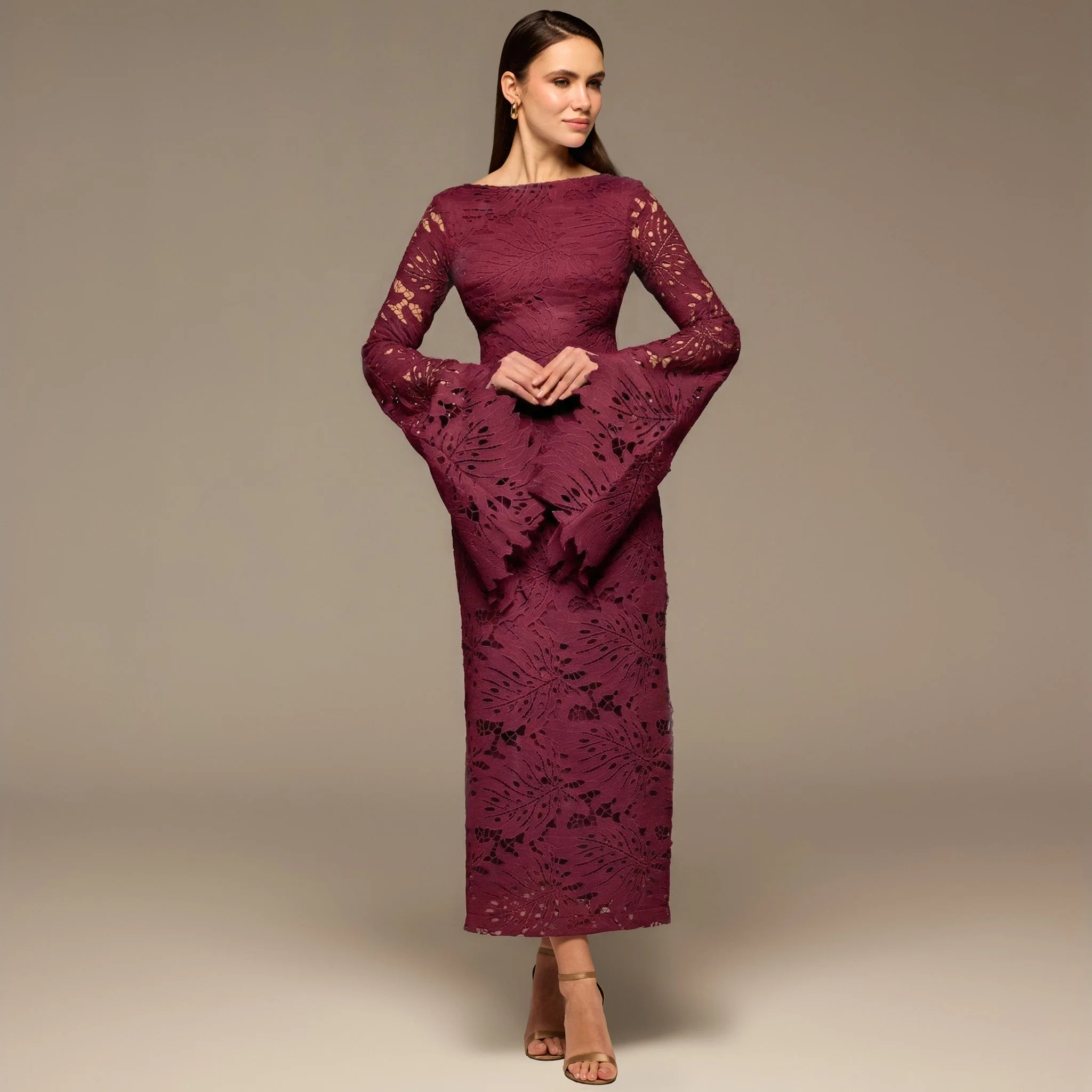 Burgundy Lace Long Sleeve Maxi Dress