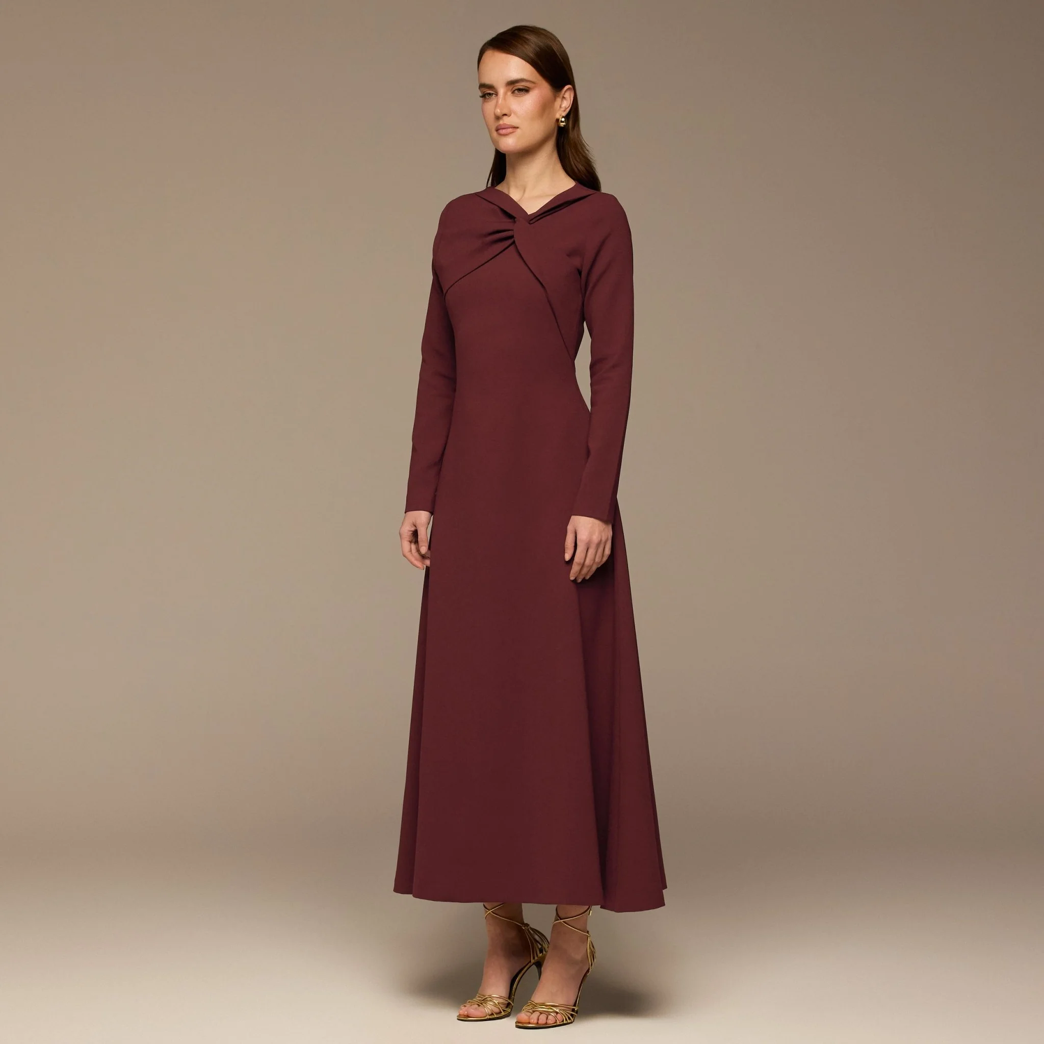 Burgundy Twisted Neck Crepe Maxi Dress - Image 2