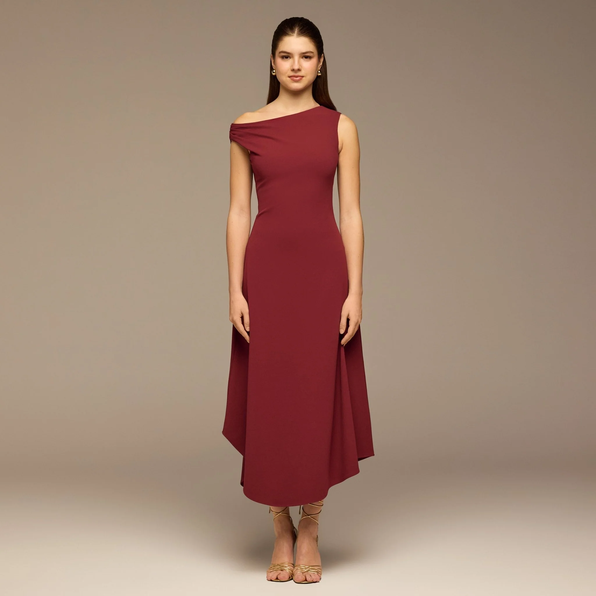 Burgundy Draped A-Line Crepe Midi Dress