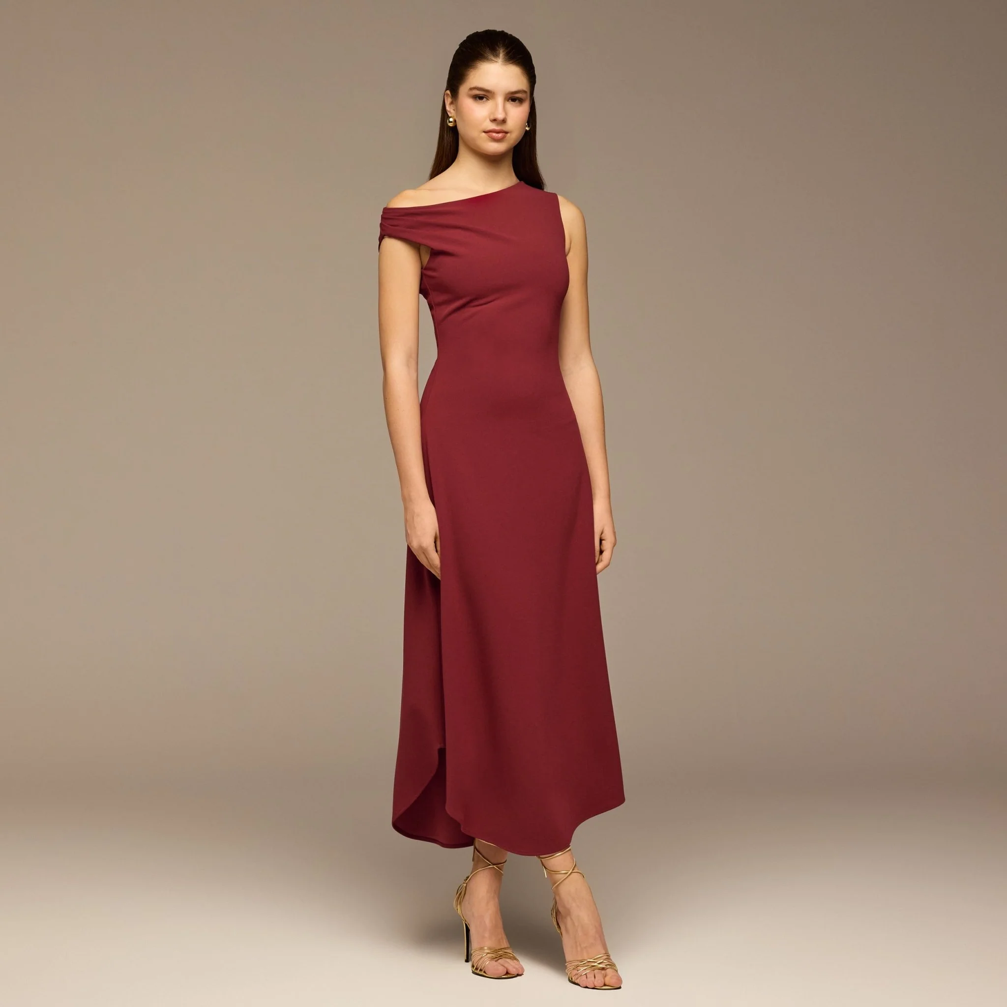 Burgundy Draped A-Line Crepe Midi Dress - Image 2