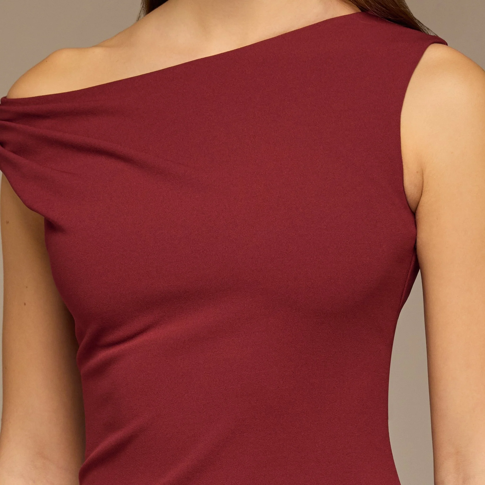 Burgundy Draped A-Line Crepe Midi Dress - Image 3