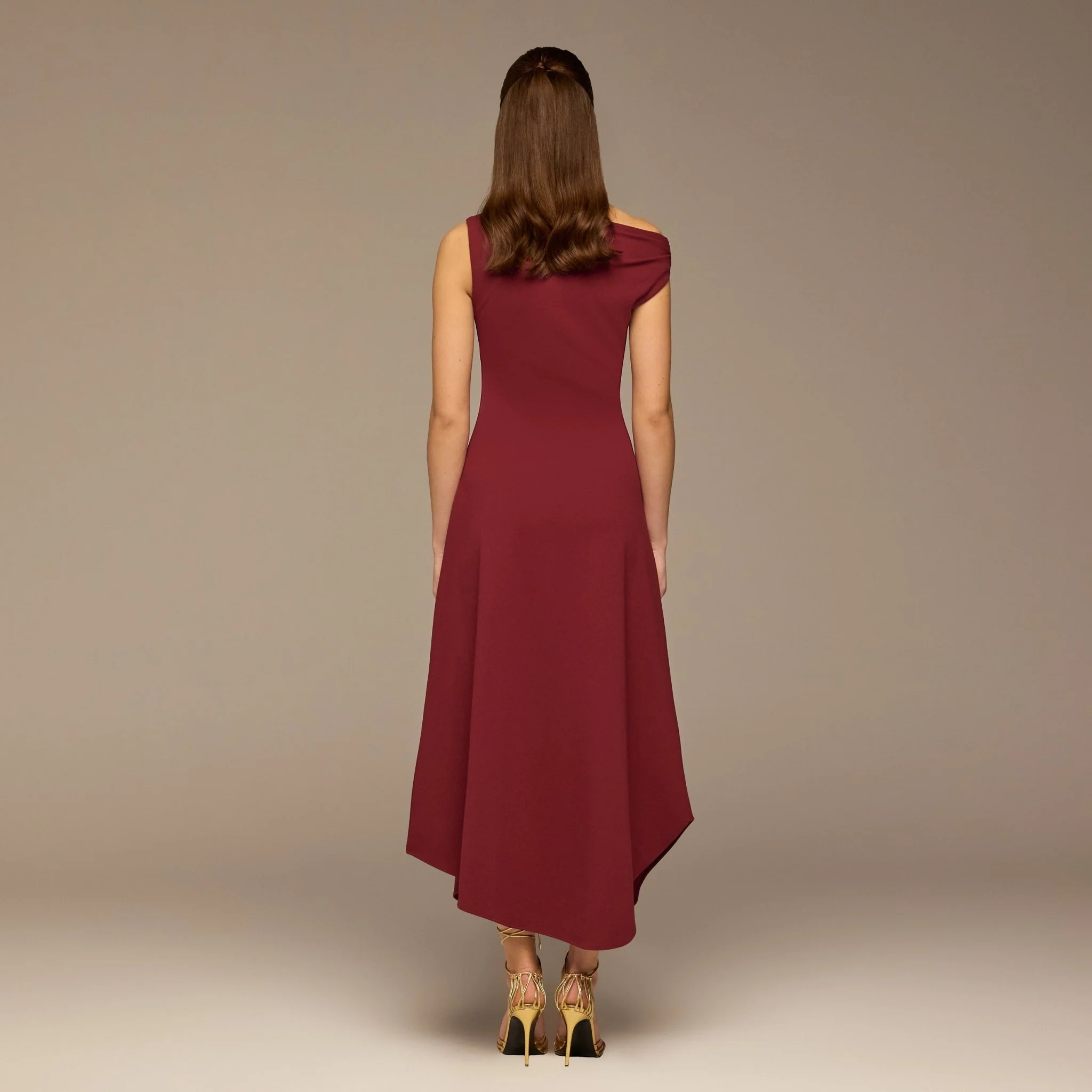 Burgundy Draped A-Line Crepe Midi Dress - Image 4