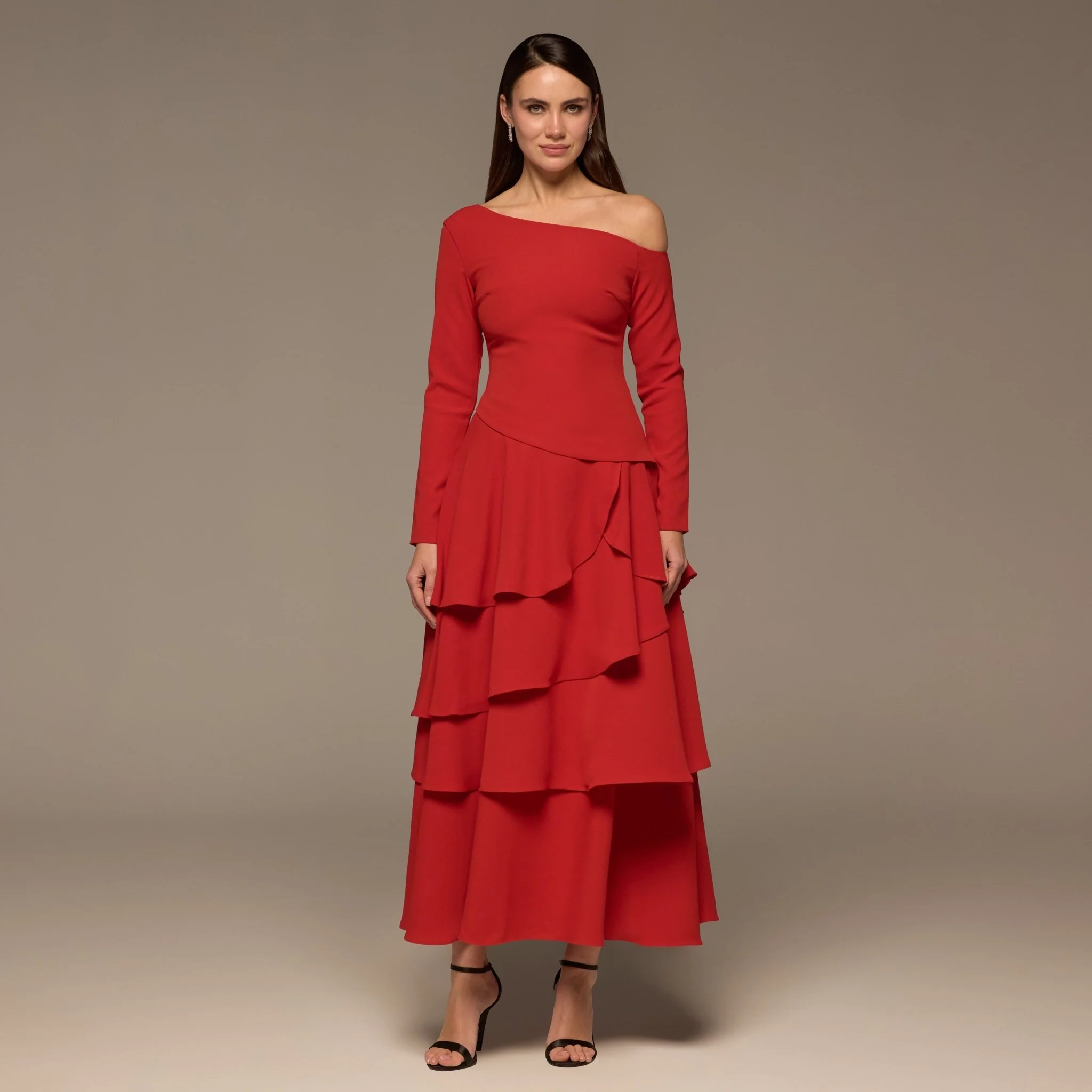 Red One-Shoulder Tiered Ruffle Dress