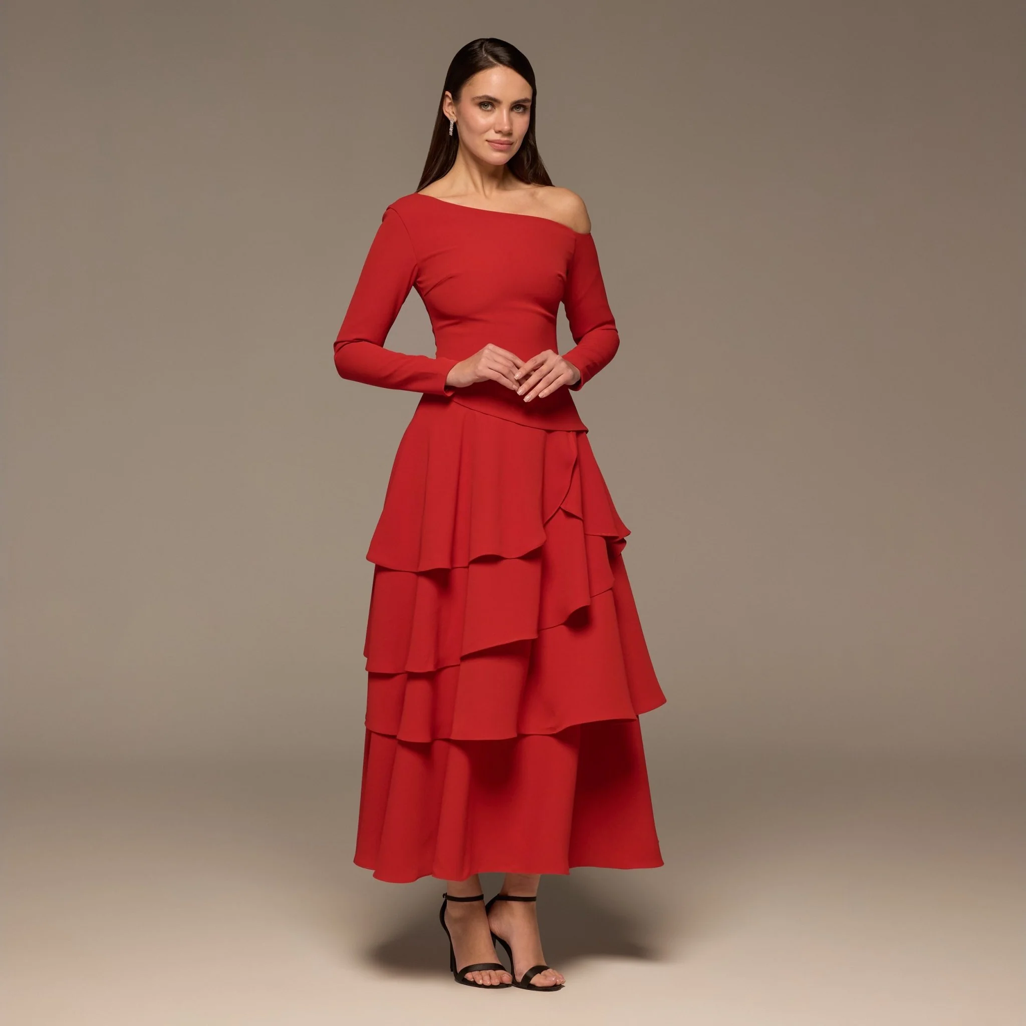 Red One-Shoulder Tiered Ruffle Dress - Image 2