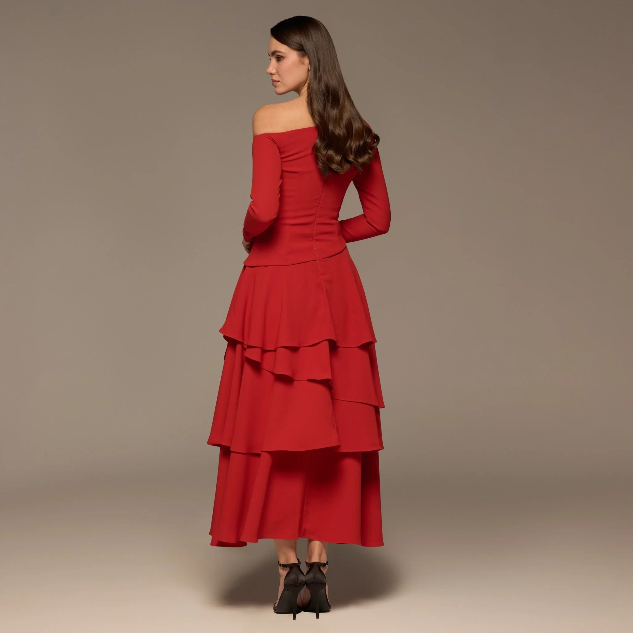 Red One-Shoulder Tiered Ruffle Dress - Image 4