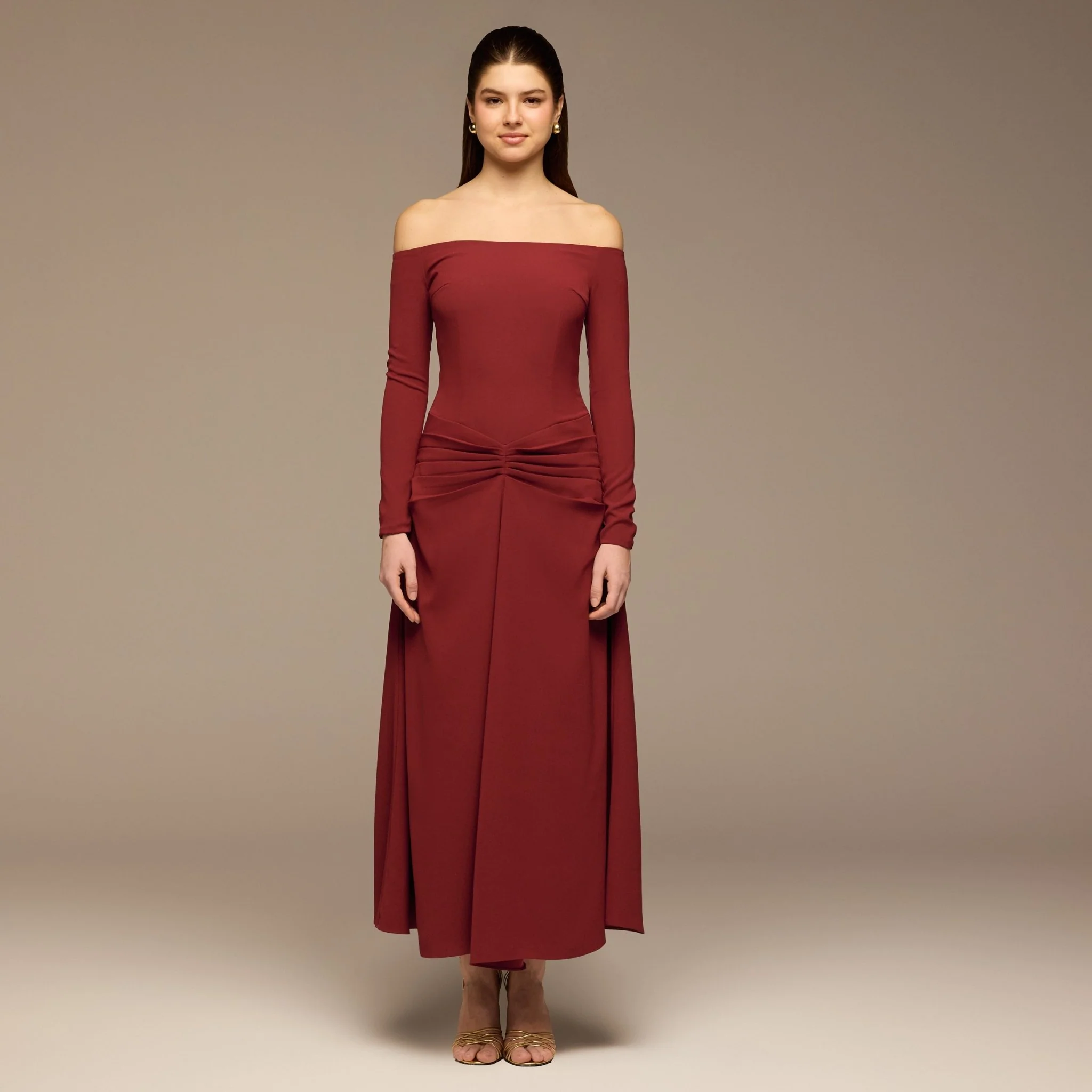 Burgundy Gathered Waist Crepe Maxi Dress