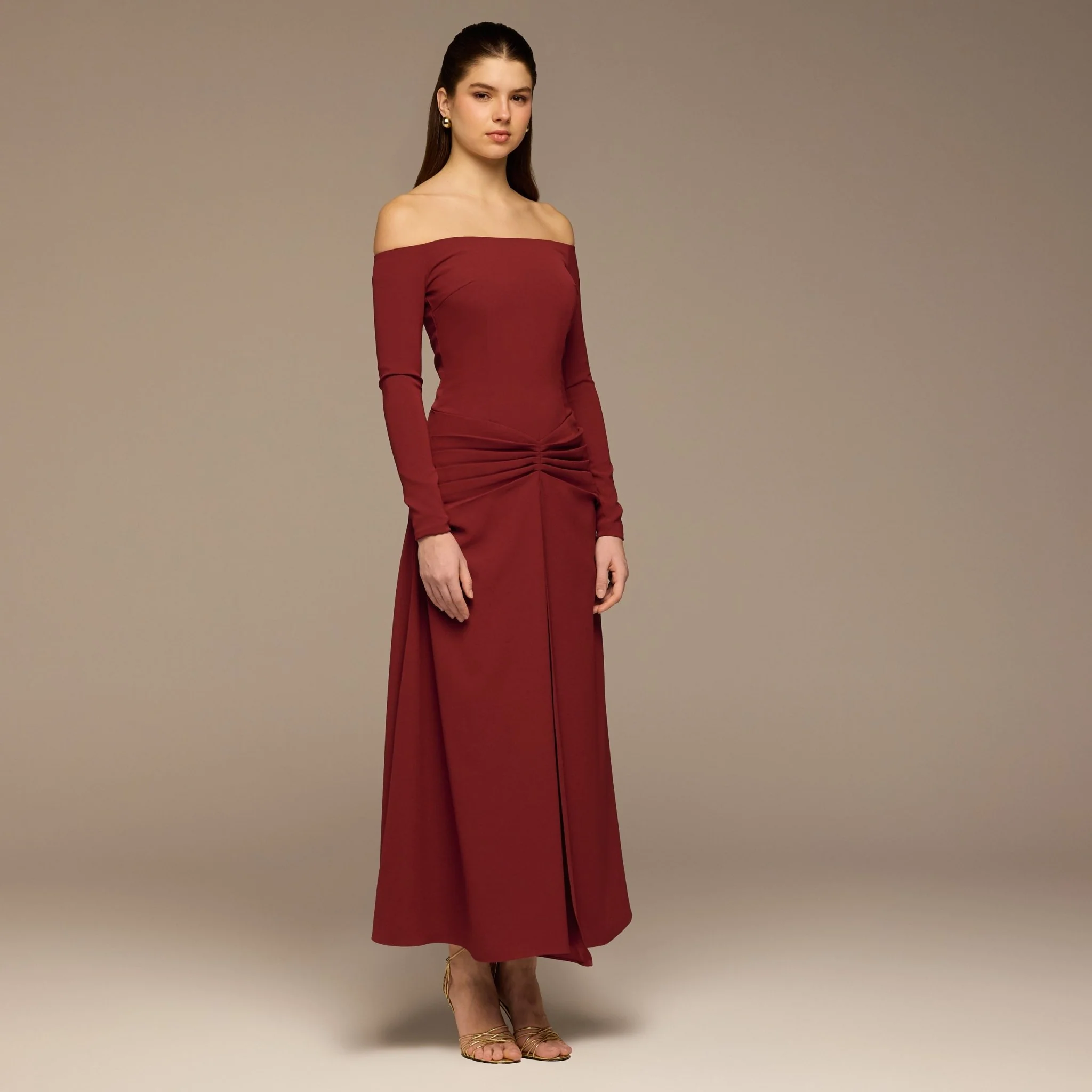 Burgundy Gathered Waist Crepe Maxi Dress - Image 2