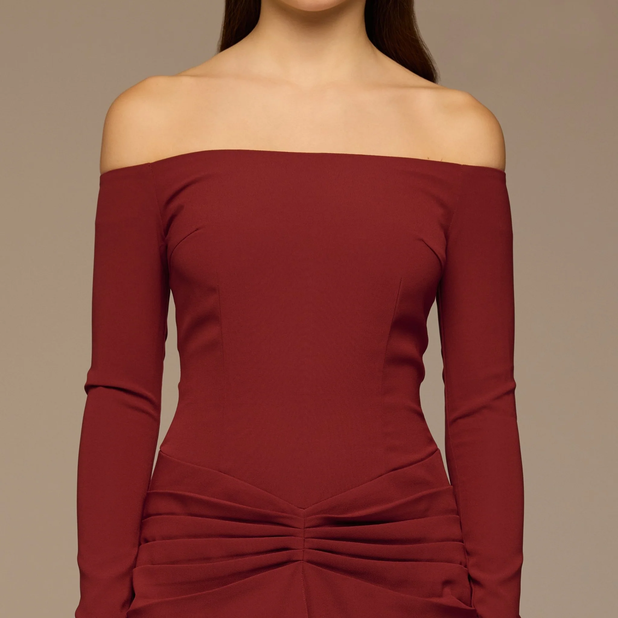 Burgundy Gathered Waist Crepe Maxi Dress - Image 3