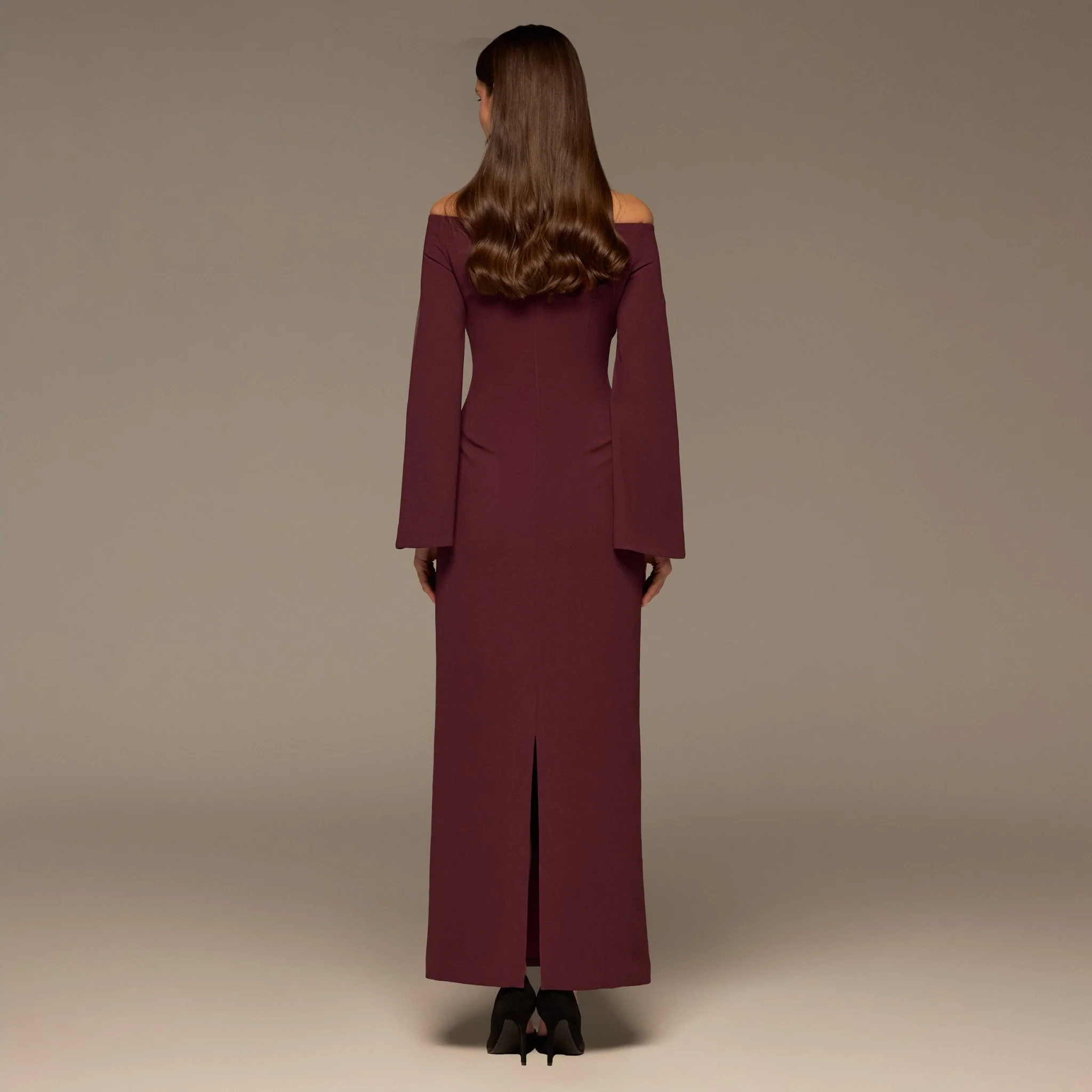 Burgundy Wide V Neck Crepe Maxi Dress - Image 4