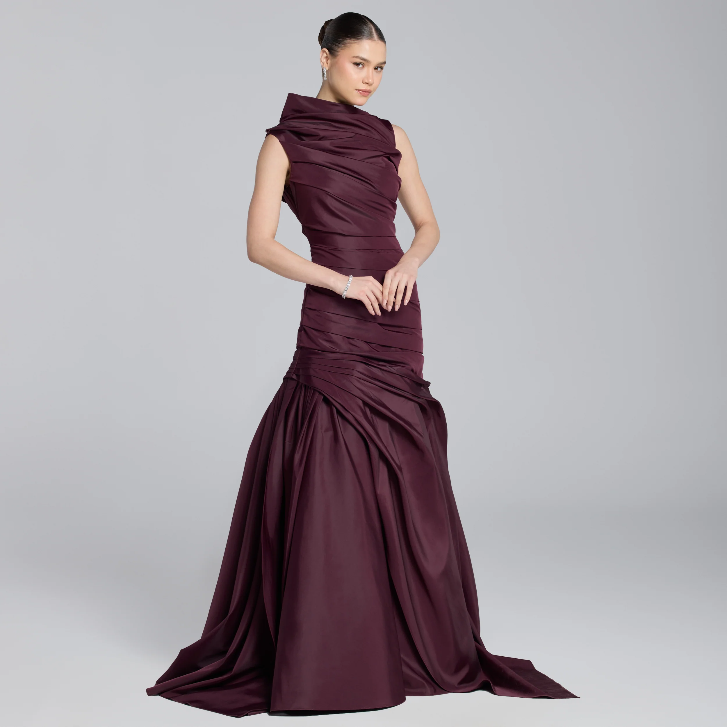 Burgundy Draped Taffeta Fishtail Gown - Image 2