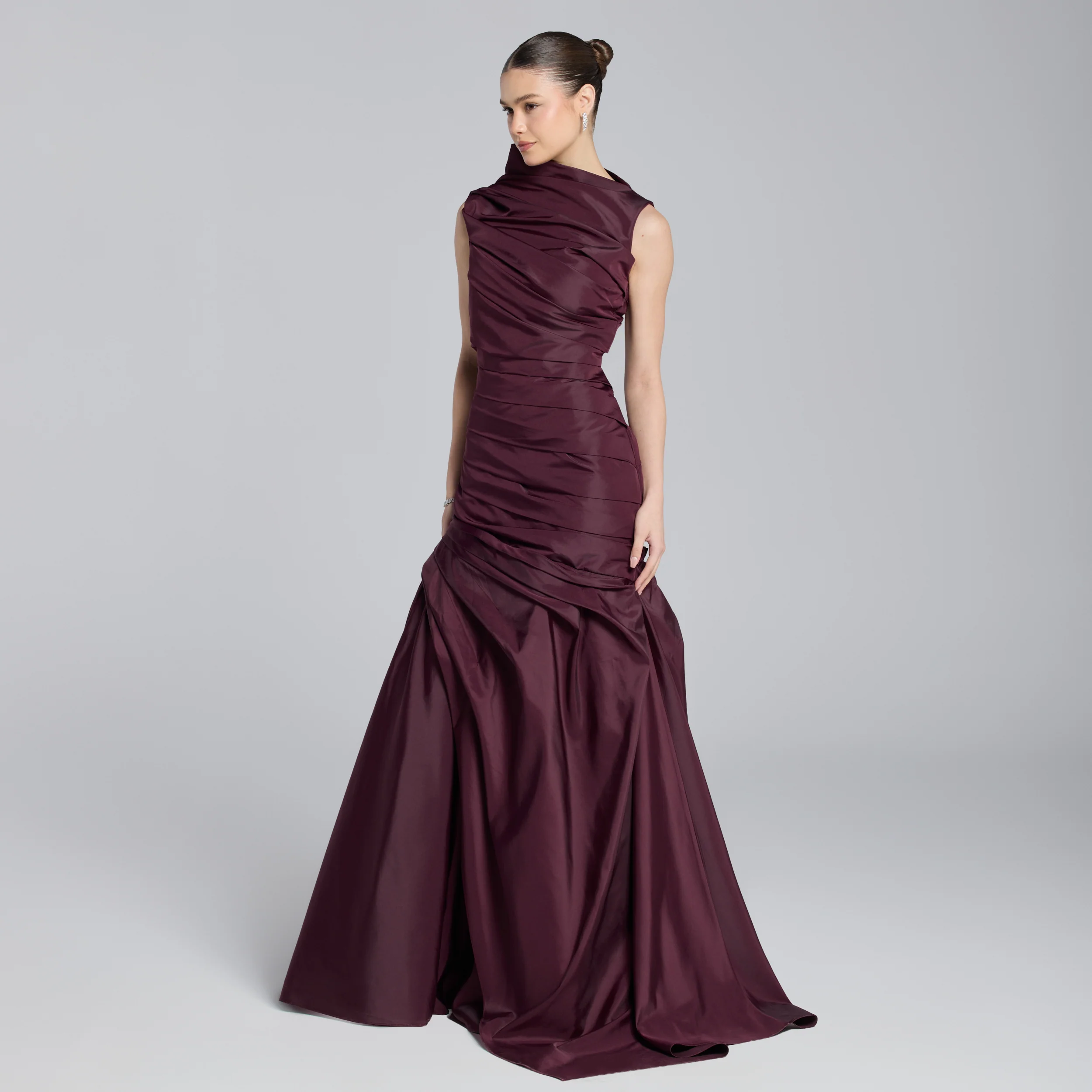 Burgundy Draped Taffeta Fishtail Gown - Image 3