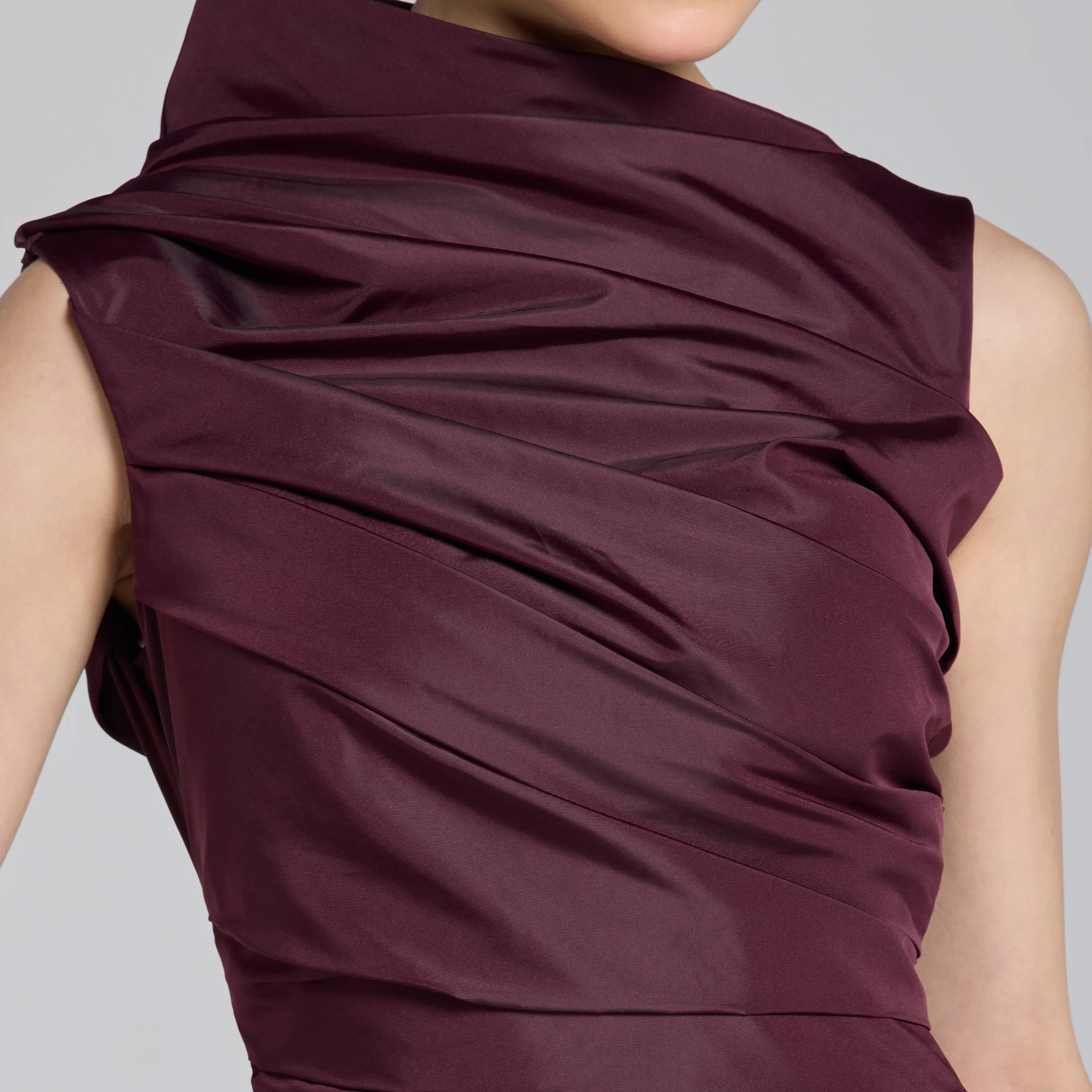 Burgundy Draped Taffeta Fishtail Gown - Image 4