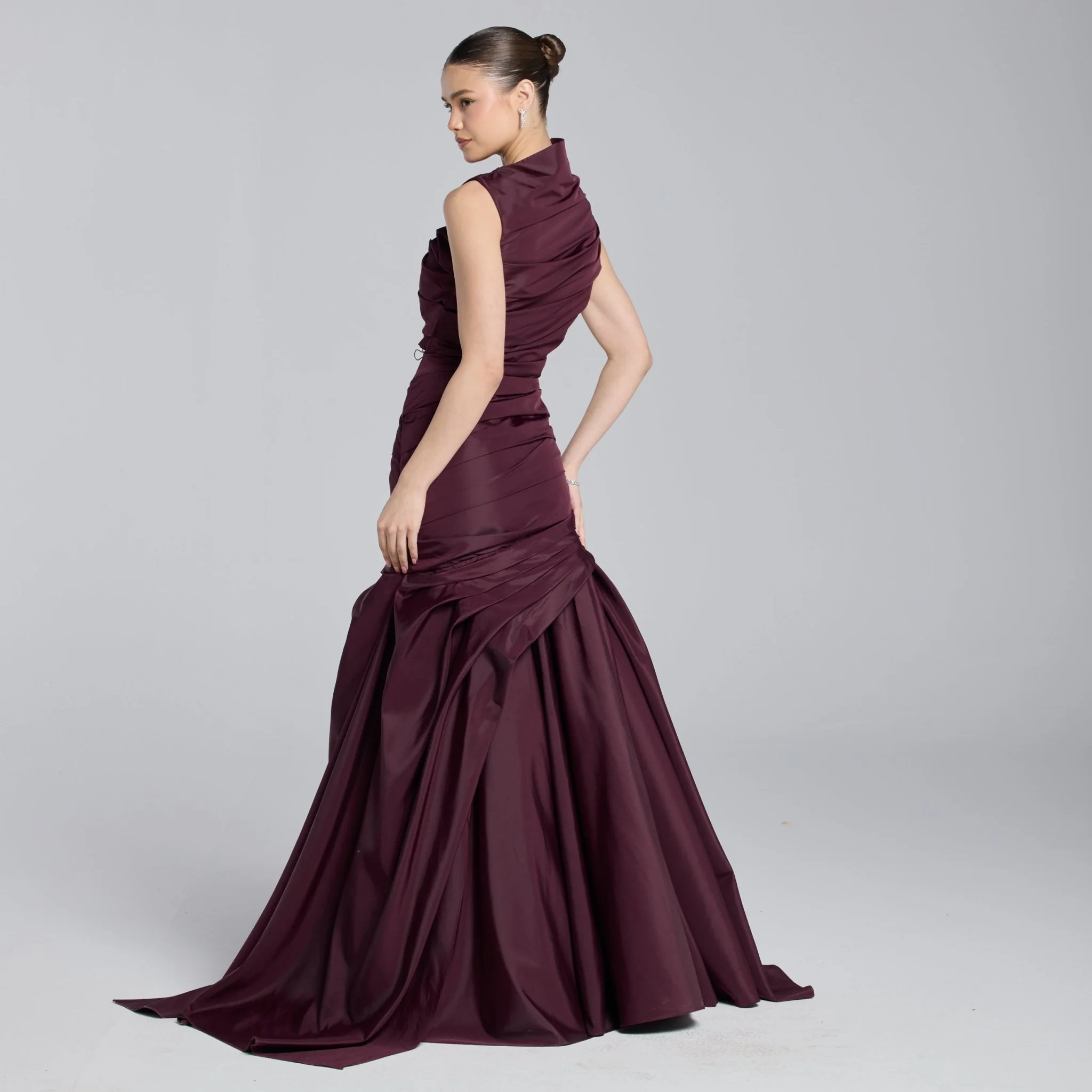Burgundy Draped Taffeta Fishtail Gown - Image 5