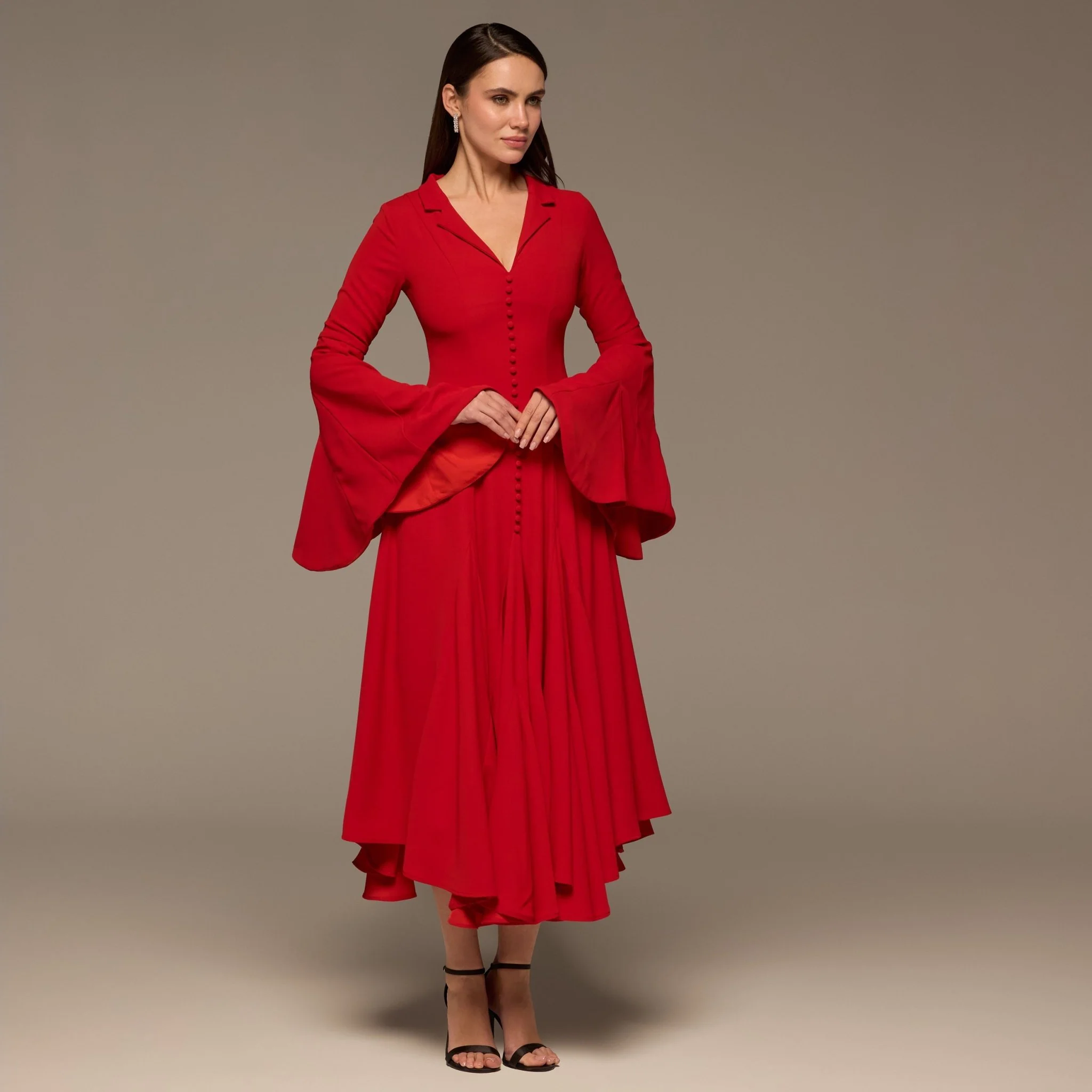 Red Lapel Neck Button-Front Crepe Dress - Image 2