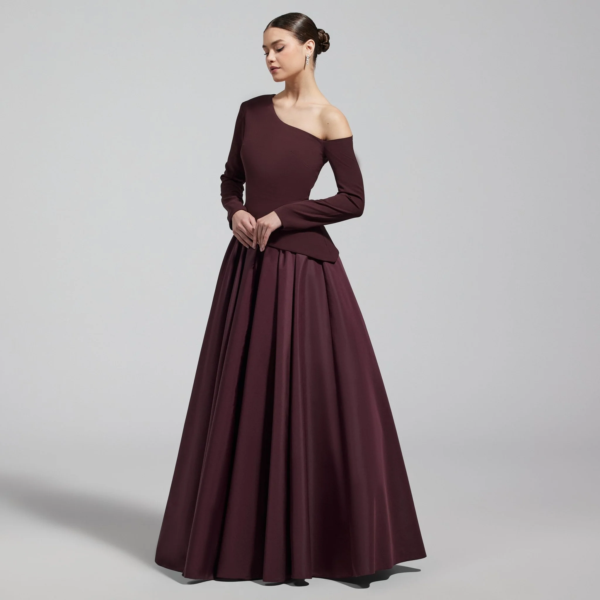 Burgundy Off Shoulder Crepe & Taffeta Ball Gown - Image 2