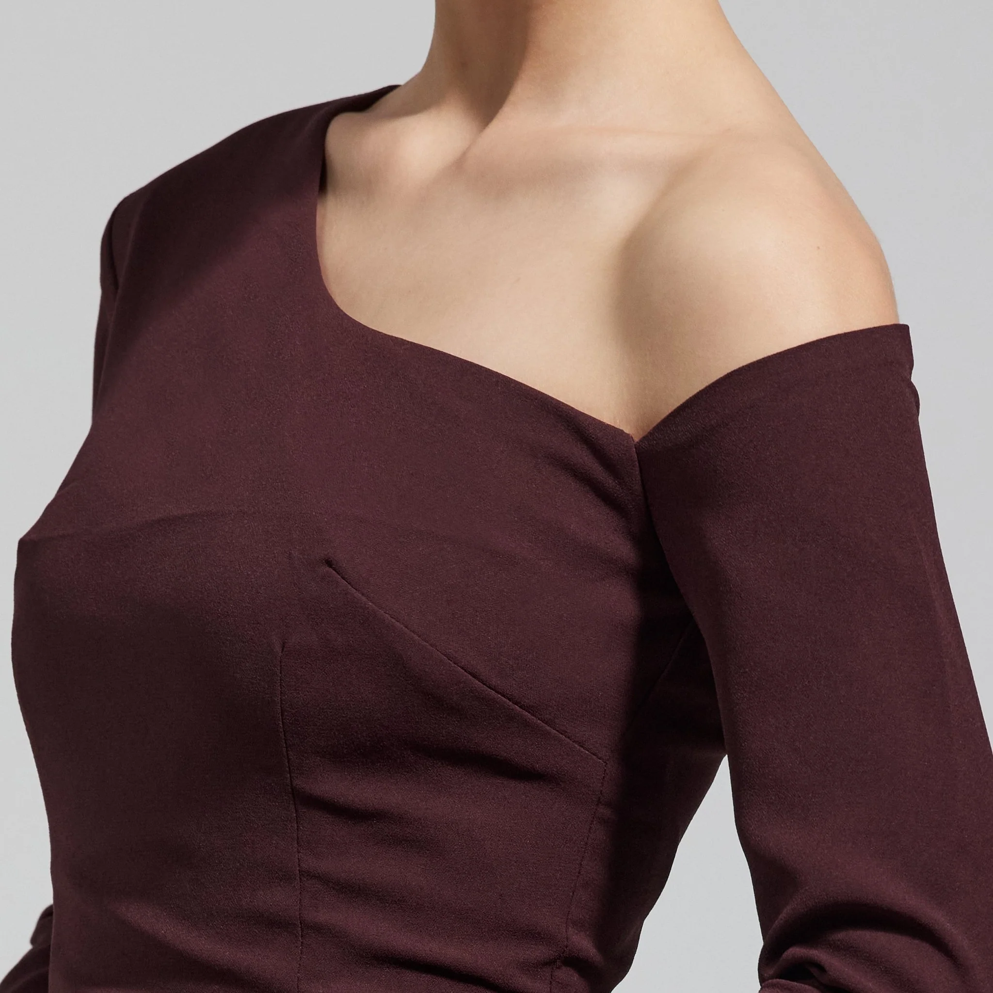 Burgundy Off Shoulder Crepe & Taffeta Ball Gown - Image 3