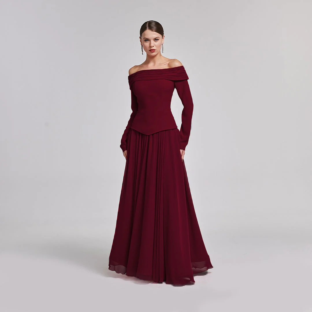 Burgundy Off-Shoulder Long-Sleeve Evening Gown - Image 4
