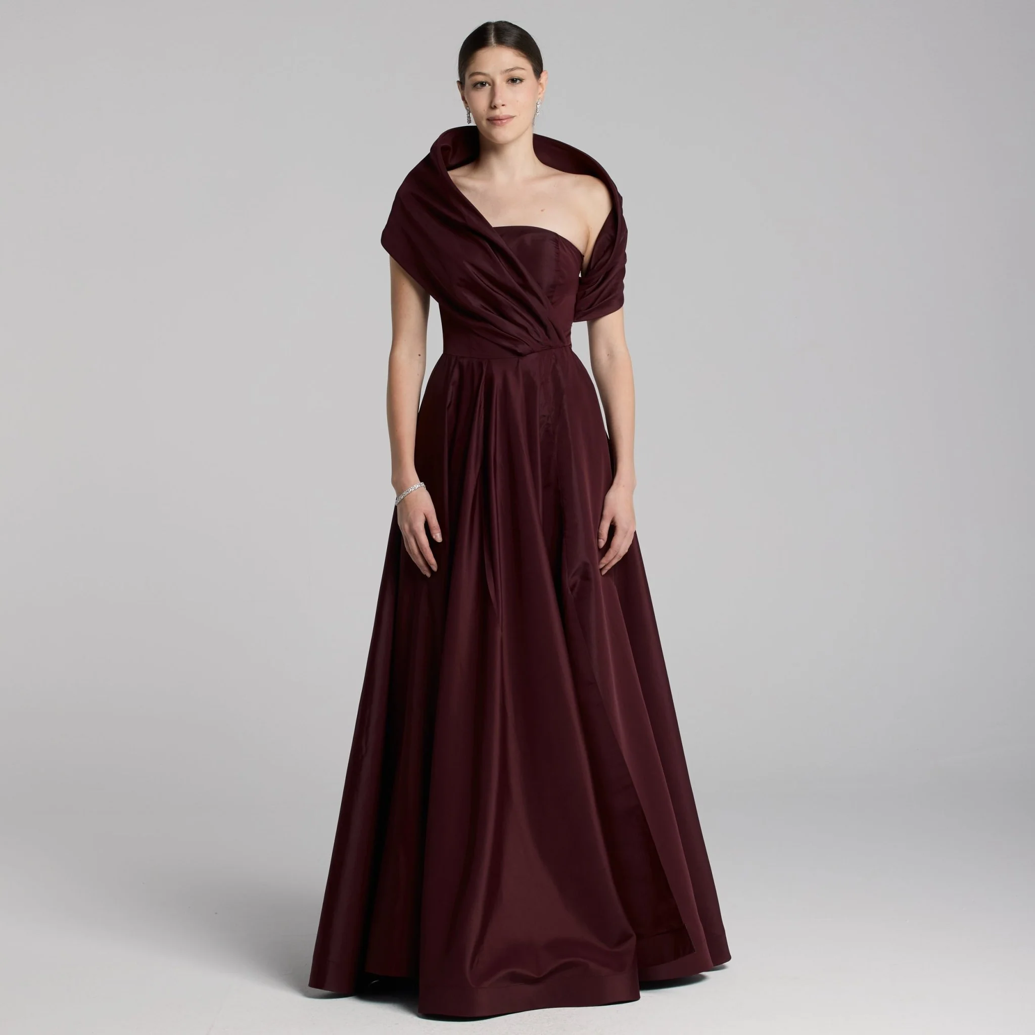 Burgundy Cape Sleeve Taffeta Gown
