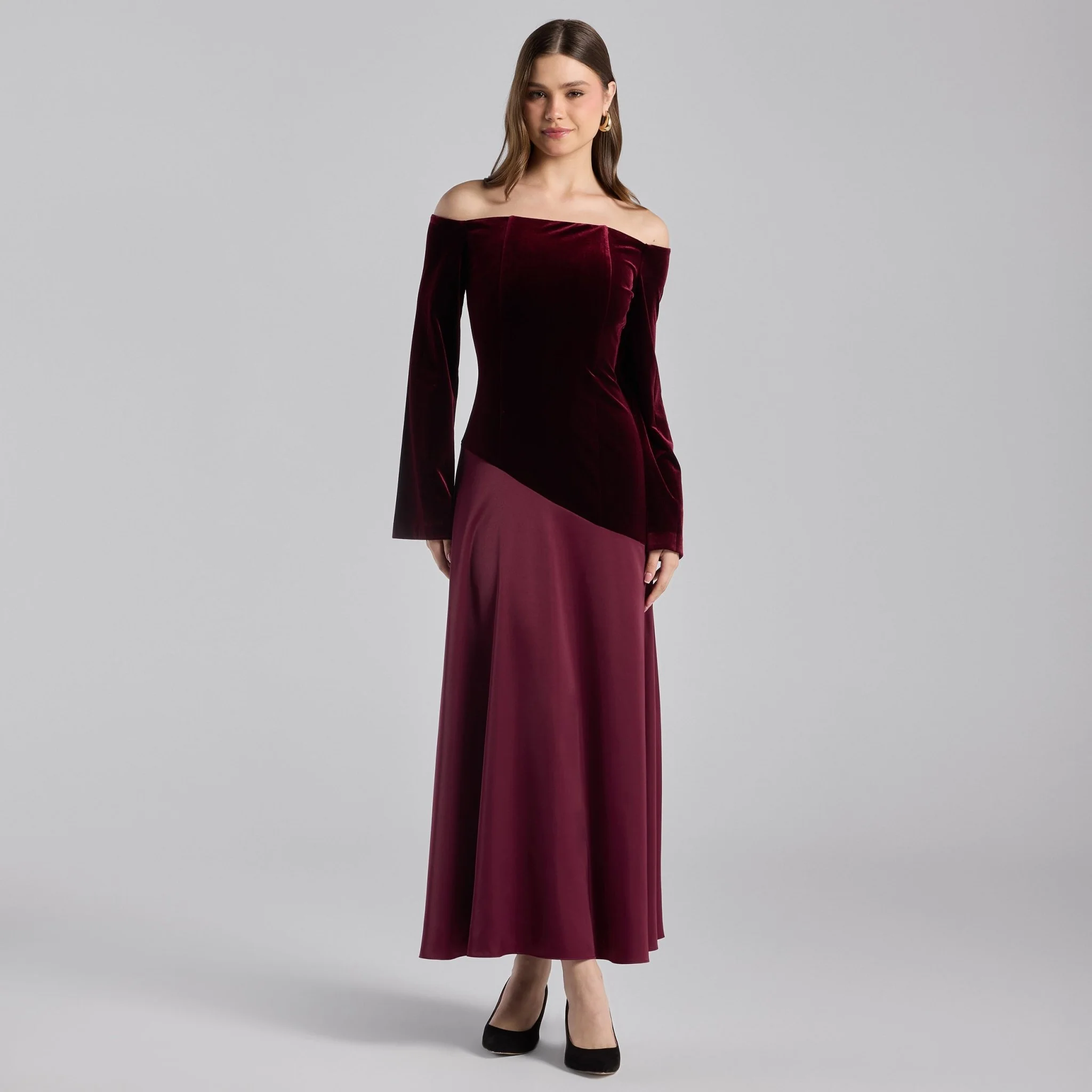 Burgundy Off-Shoulder Velvet & Satin Balloon Sleeve Dress
