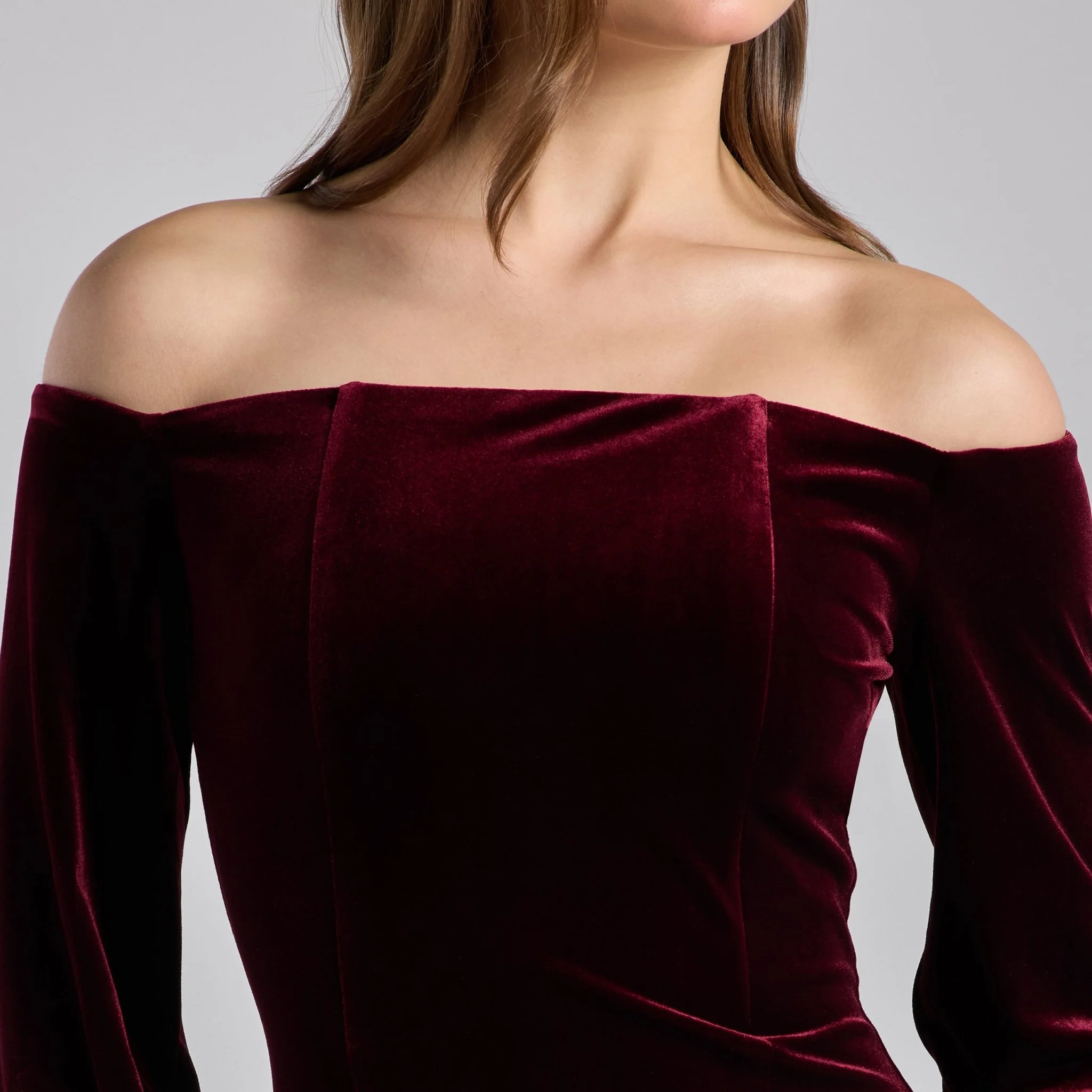 Burgundy Off-Shoulder Velvet & Satin Balloon Sleeve Dress - Image 3