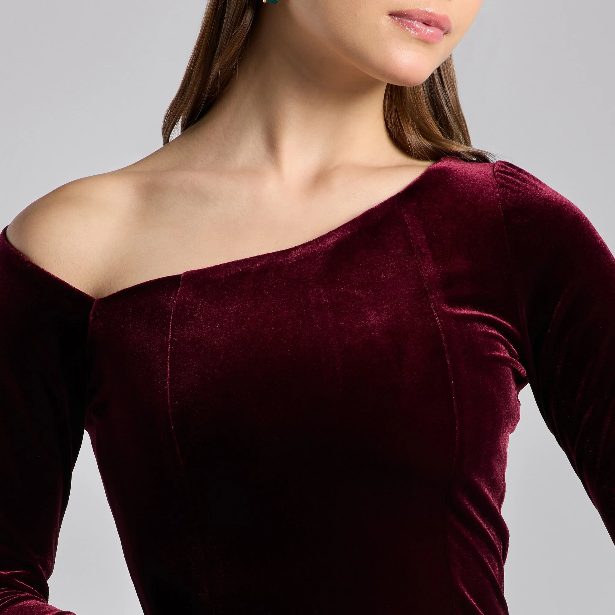 Burgundy Off Shoulder Velvet-Taffeta Maxi Dress - Image 3