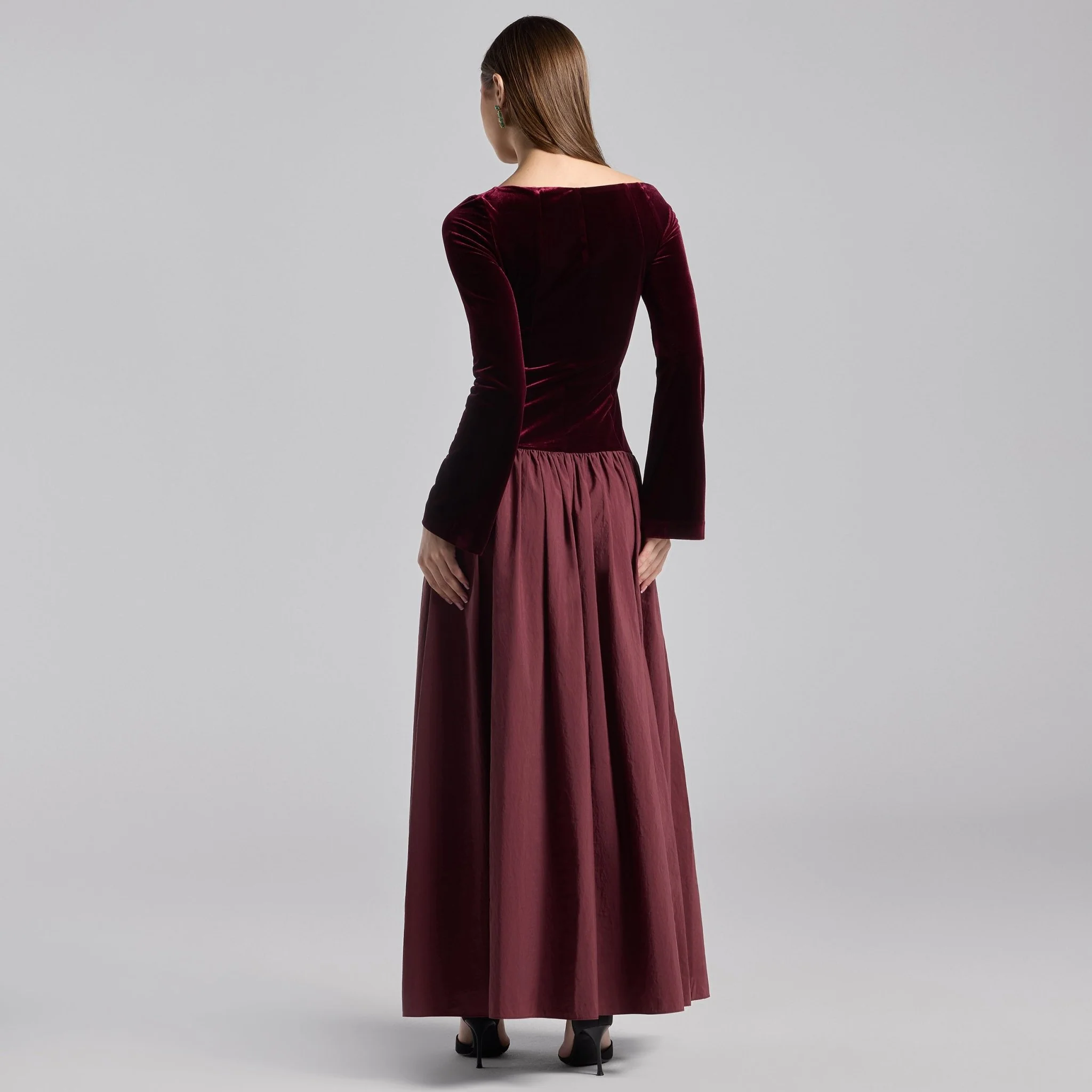 Burgundy Off Shoulder Velvet-Taffeta Maxi Dress - Image 4